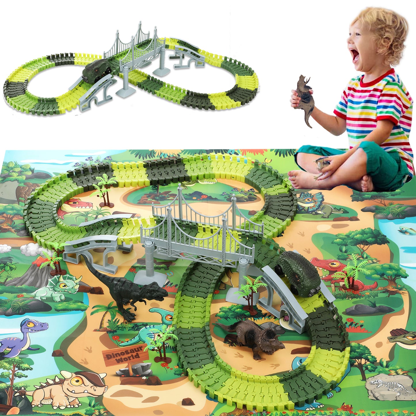 Zacro Dinosaur Toys Race Car Track for Kids, 192Pcs Race Car Track Vehicle Set Create A Dinosaur World Road Toys Flexible Track Playset for Boys 3-6 Years Best Gift