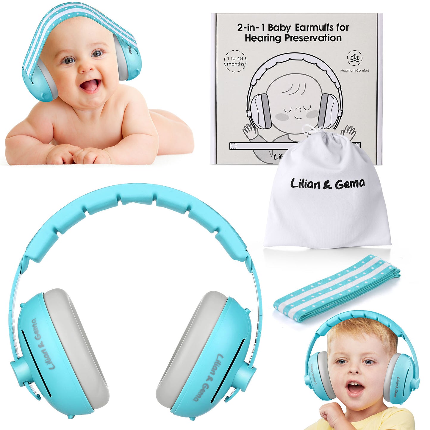 2-in-1 Baby Ear Muffs Noise Protection, Adjustable Headphones with Stretchy Band, Noise Cancelling for Toddler up to 4 Years, Airplane Essentials/Outdoor, Blue