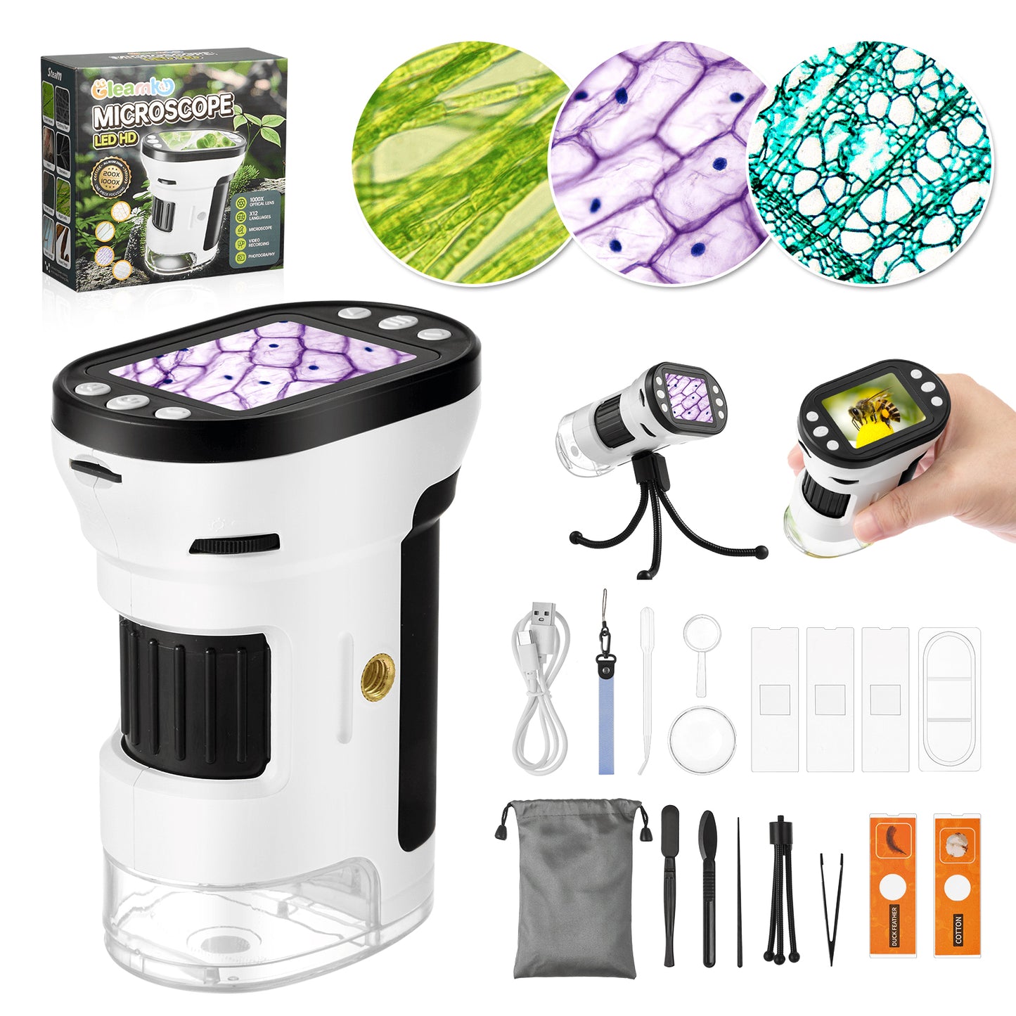 Microscope for Kids, 200-1000X Pocket Microscope with 2” LCD Screen, Tripod, 32G SD Card, USB to PC, Handheld Mini Kids Microscope for Student Adults Microbiological Observation Lab Study