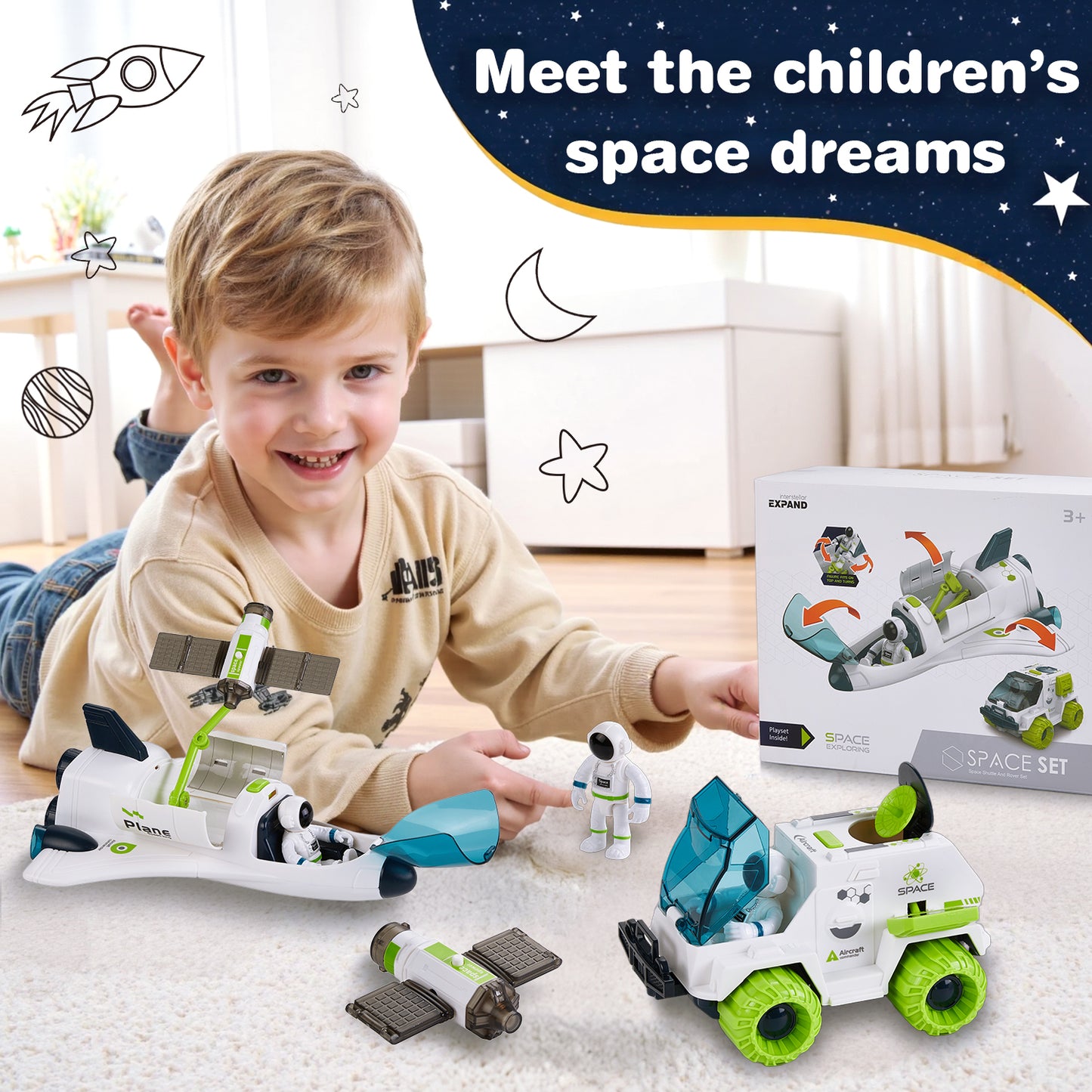 Kids Space Toys, Spaceship Planet Toy with Astronaut, Spaceship, Satellite & Space Rover, Spaceship Shuttle Car Toy Gift for Boys Girls 3+