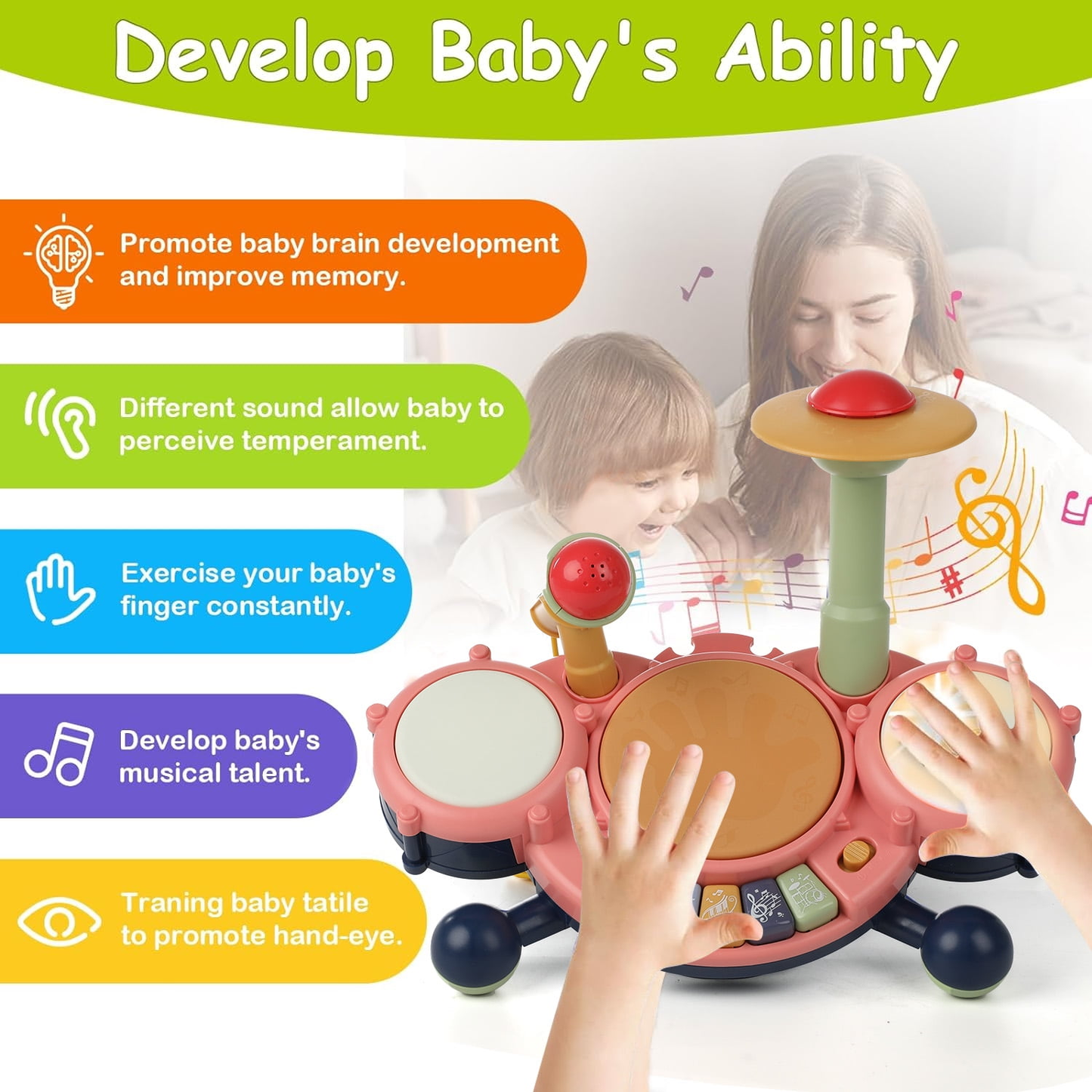 Petbank Kids Drum Set, Baby Drum with Microphone & Drumsticks, Toddler Musical Instruments Toys for Boys Girls Gifts 3+, Pink