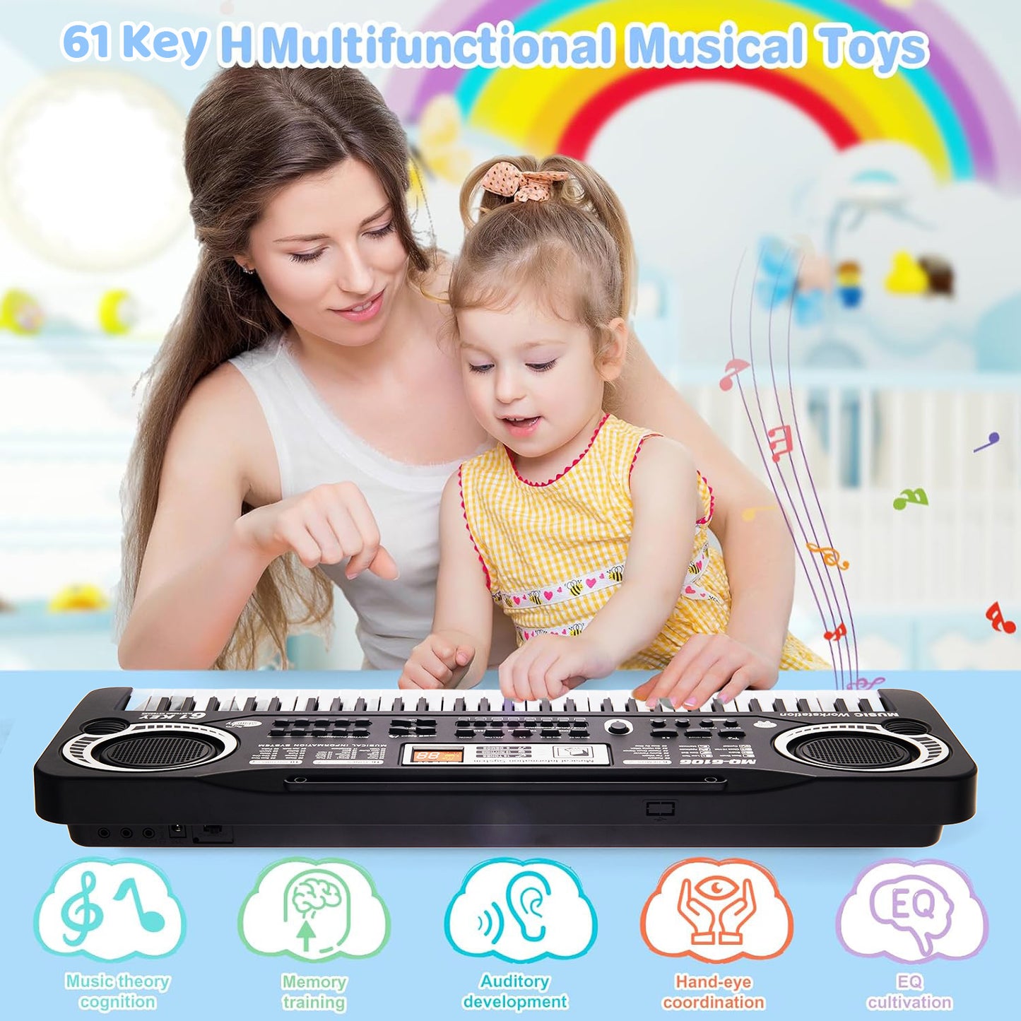Lictin 61 Keys Keyboard Piano Toys for Kids, Electronic Musical Instrument Piano with Microphone, Toddlers Piano Keyboard Toy Gift for 1 2 3 4 5 Years Old Boys Girls, Black