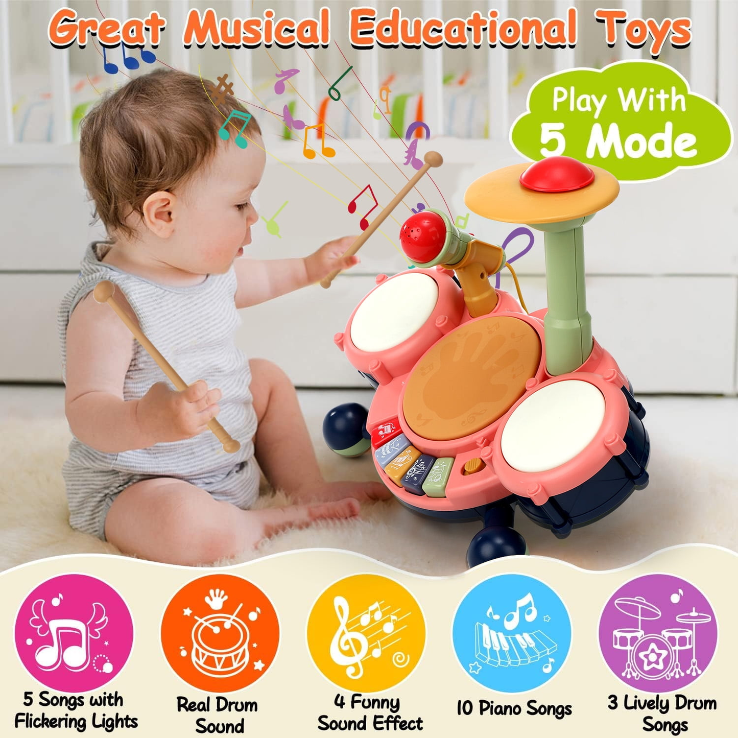 Petbank Kids Drum Set, Baby Drum with Microphone & Drumsticks, Toddler Musical Instruments Toys for Boys Girls Gifts 3+, Pink