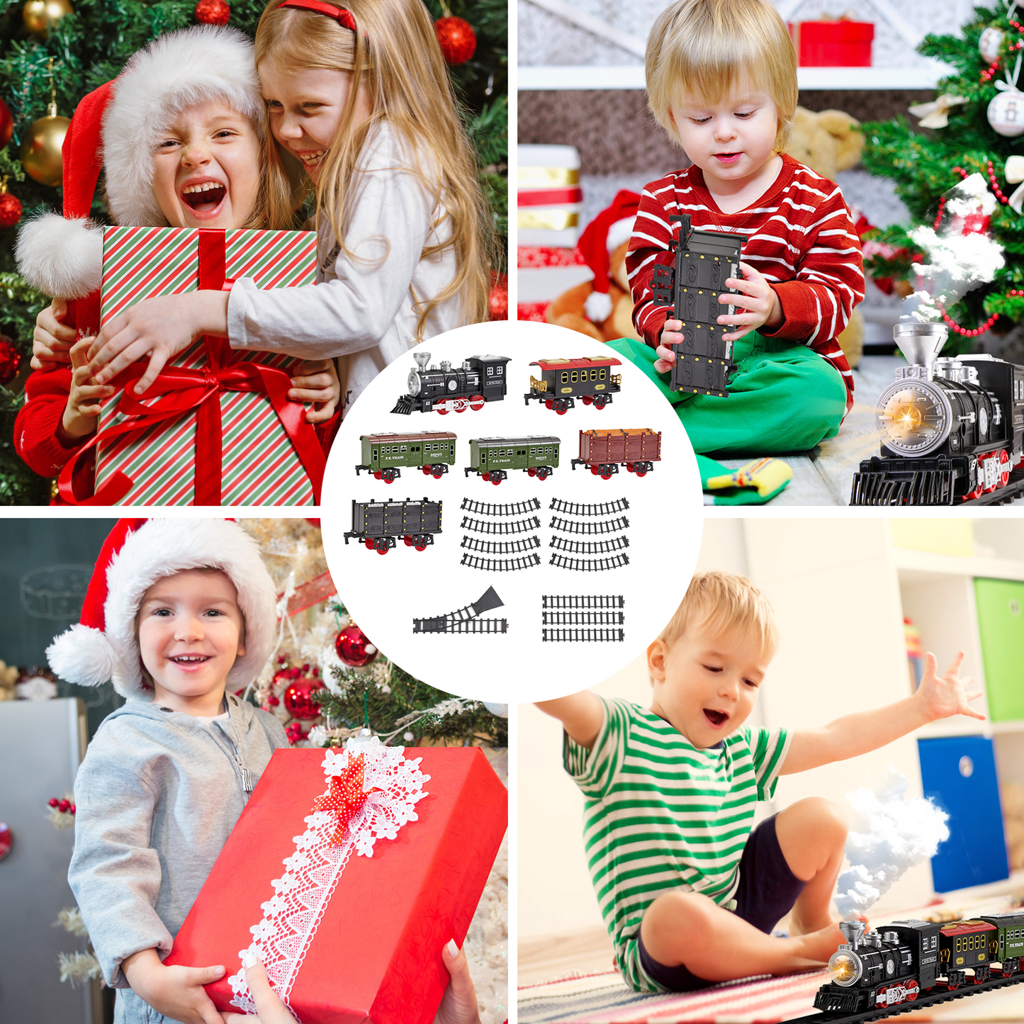 Gleamkid Electric Train Set for Kids, Train Track Toy with Smoke & Light & Sound, Christmas Train Gift for Boy & Girl