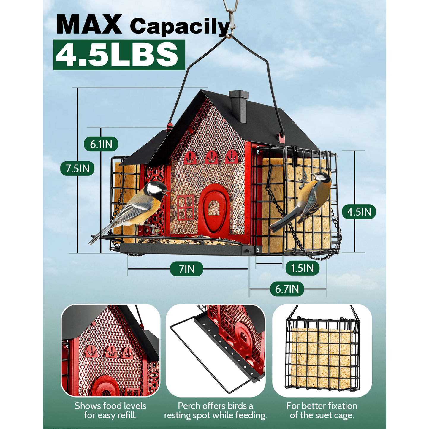 Bird Feeder House for Outdoor Hanging, Metal Wild Bird Feeder with with 2 Suet Cage for Finch Cardinal Chickadee, Large Capacity, Weatherproof and Durable, Red