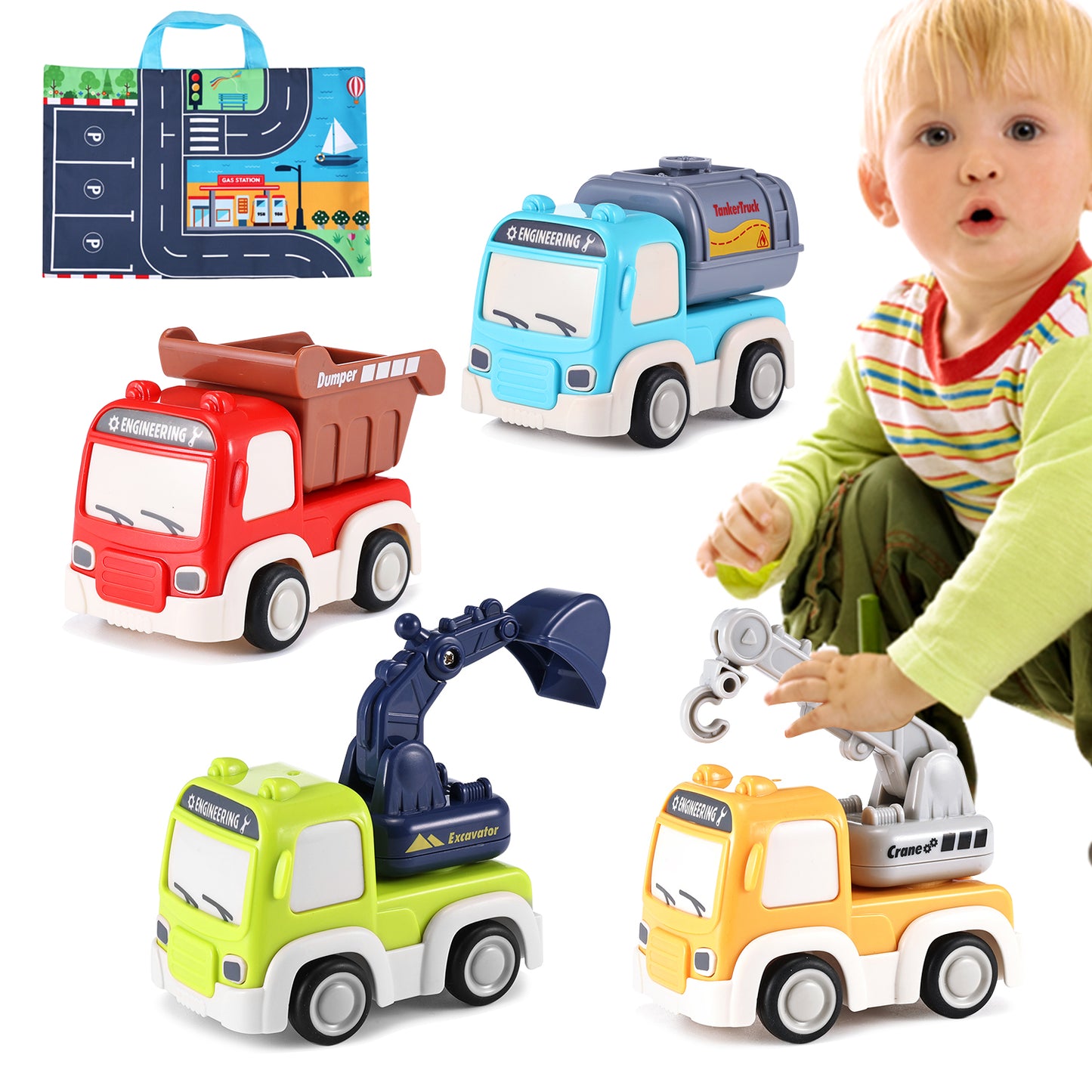 Anpro Friction Powered Cars Toy with Playmat Storage Bag, Push and Go Car Baby Toys, Pull Back Construction Truck Vehicles Play Set for Boys Girls Toddlers Kids, 4 Pack