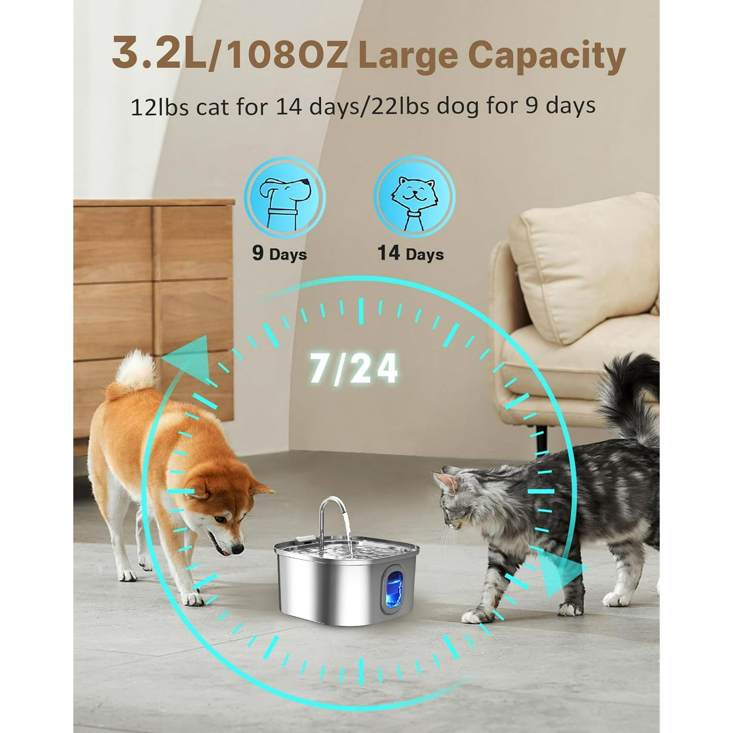 Petbank 108oz/3.2L Cat Water Fountain, Stainless Steel Pet Water Fountain Cat Dog Automatic Water Dispenser for Pets
