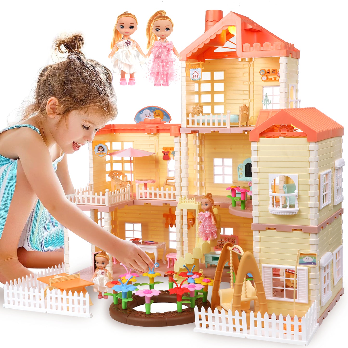 Dollhouse Playset for Girls, 3-Story 7 Rooms Pretend Play Toddler Dollhouse with Lights, Furnitures and Accessories, Gifts for Girls Aged 3 4 5 6 7 8 Years Old, Orange Pink