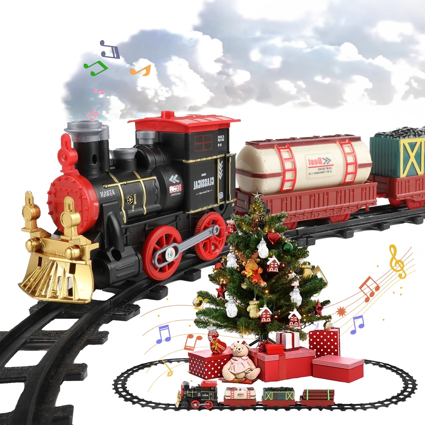 Petbank Train Set Toy for Kids, Electric Train Toy with Steam Engine, Cargo Car and Tracks, Light & Sounds, Train Model Toys Set, Best Christmas Gift for Boys & Girls Aged 3+
