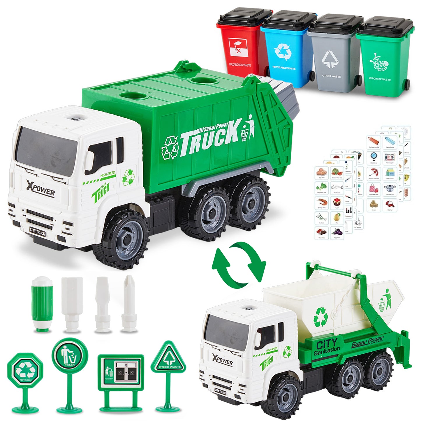 Zacro Garbage Truck Toy Set, Friction Powered Trash Truck Toy with 4 Trash Bins and 108 Learning Cards, Push and Go Car Toy for Kids Ages 3 and Up