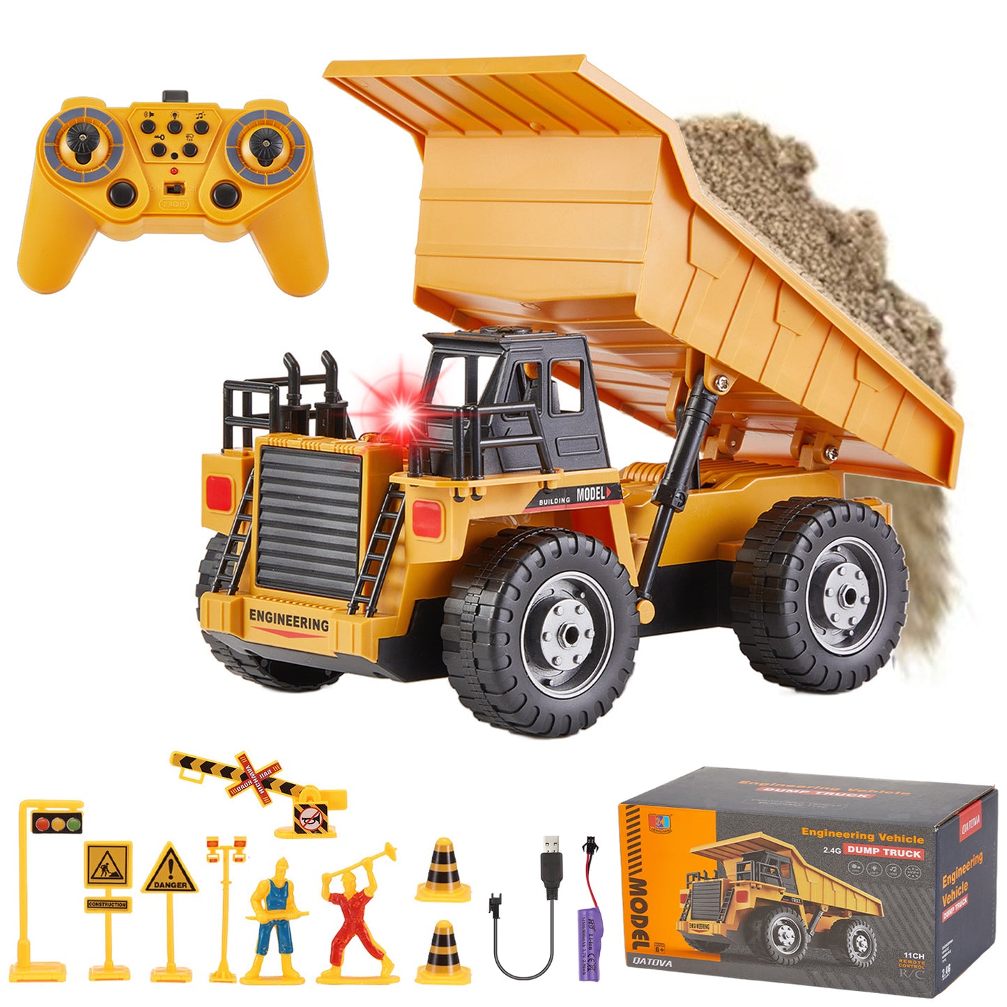 Zacro Remote Control Dump Truck, 2.4G RC Construction Vehicles Toy with Metal Bed Lights/Sounds, 11 Channel Electric Truck Toy Gift for Boys Kids