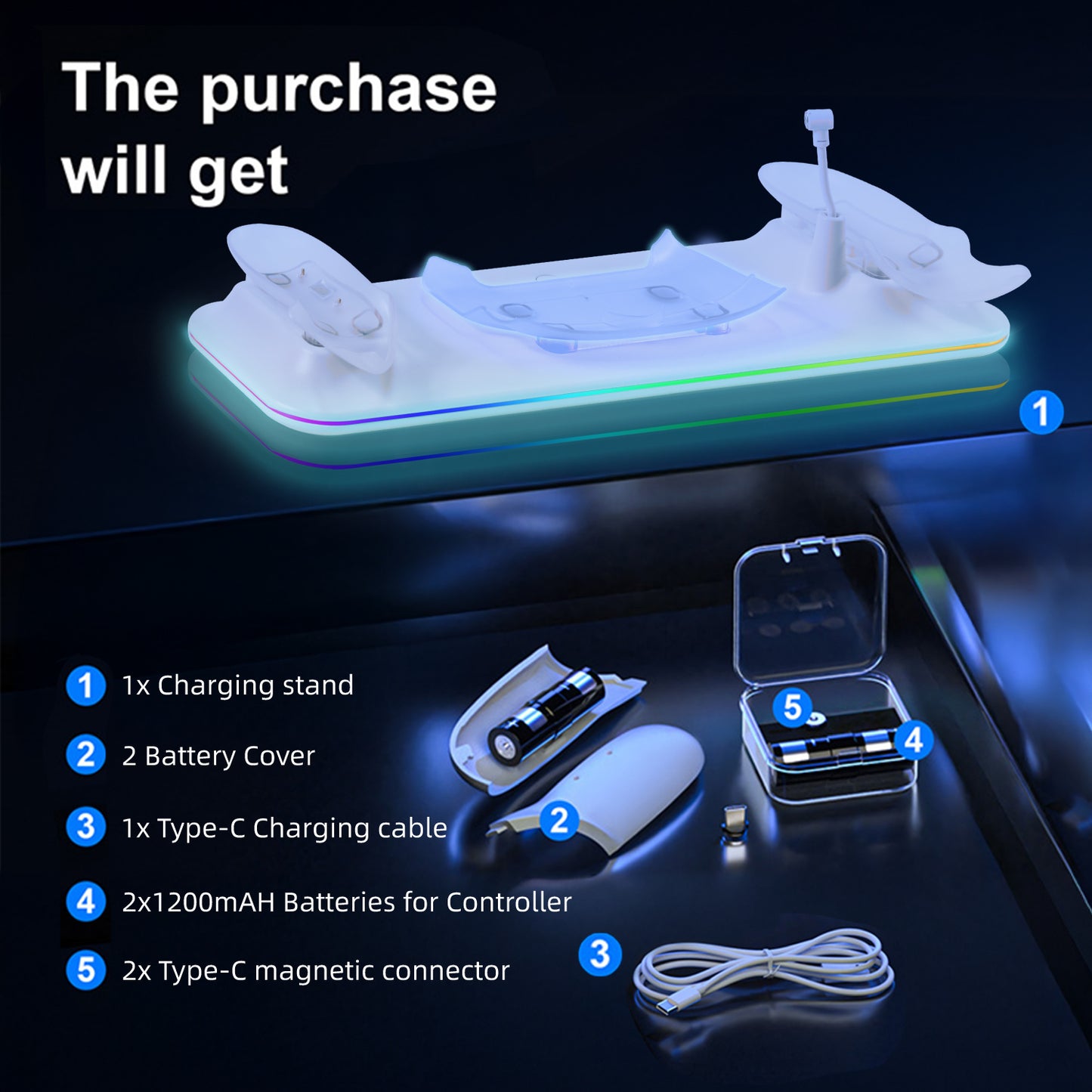 Charging Dock for Meta Quest 3, Fast Charging Magnetic Stand for VR Oculus Quest 3, with LED Light, with 2 Rechargeable 1200mAh Batteries, White