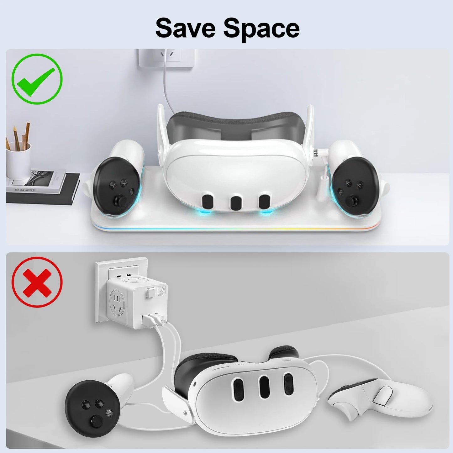 Charging Dock for Meta Quest 3, Fast Charging Magnetic Stand for VR Oculus Quest 3, with LED Light, with 2 Rechargeable 1200mAh Batteries, White