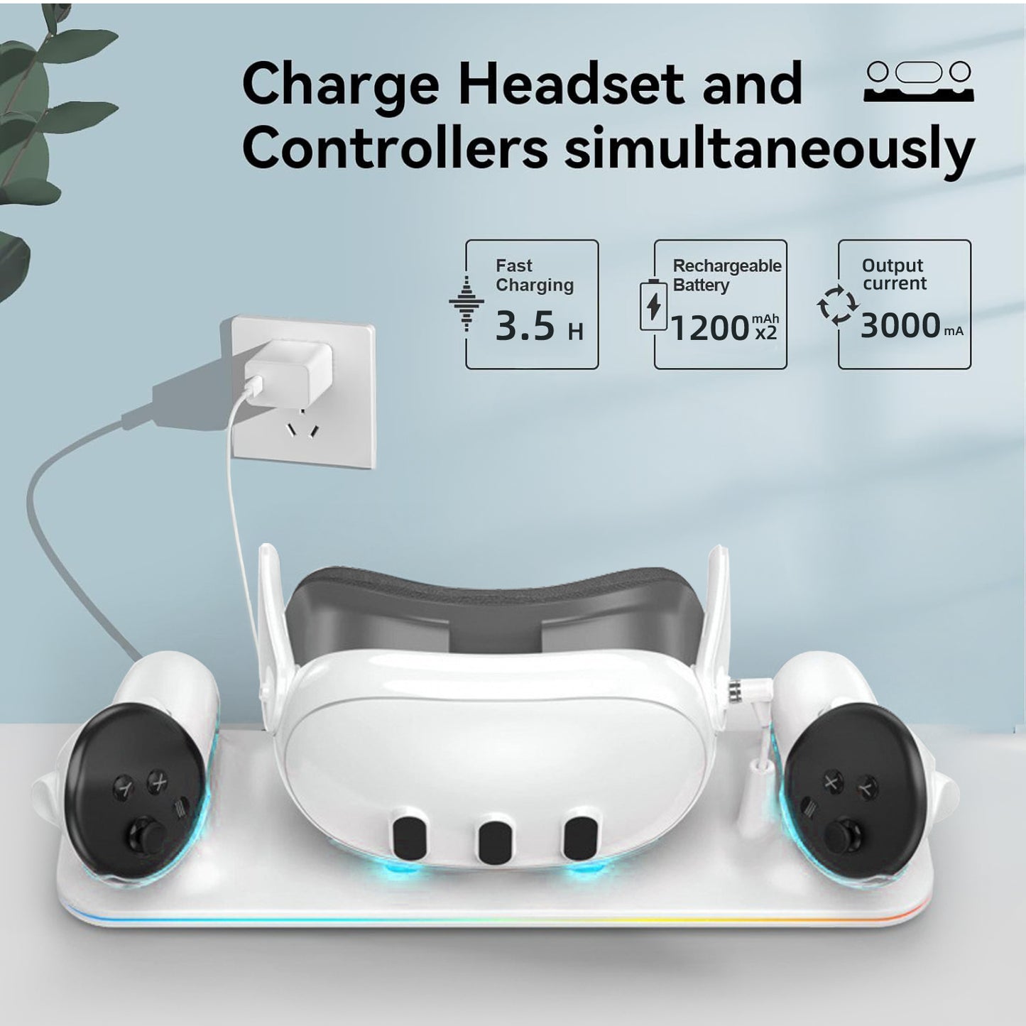 Charging Dock for Meta Quest 3, Fast Charging Magnetic Stand for VR Oculus Quest 3, with LED Light, with 2 Rechargeable 1200mAh Batteries, White