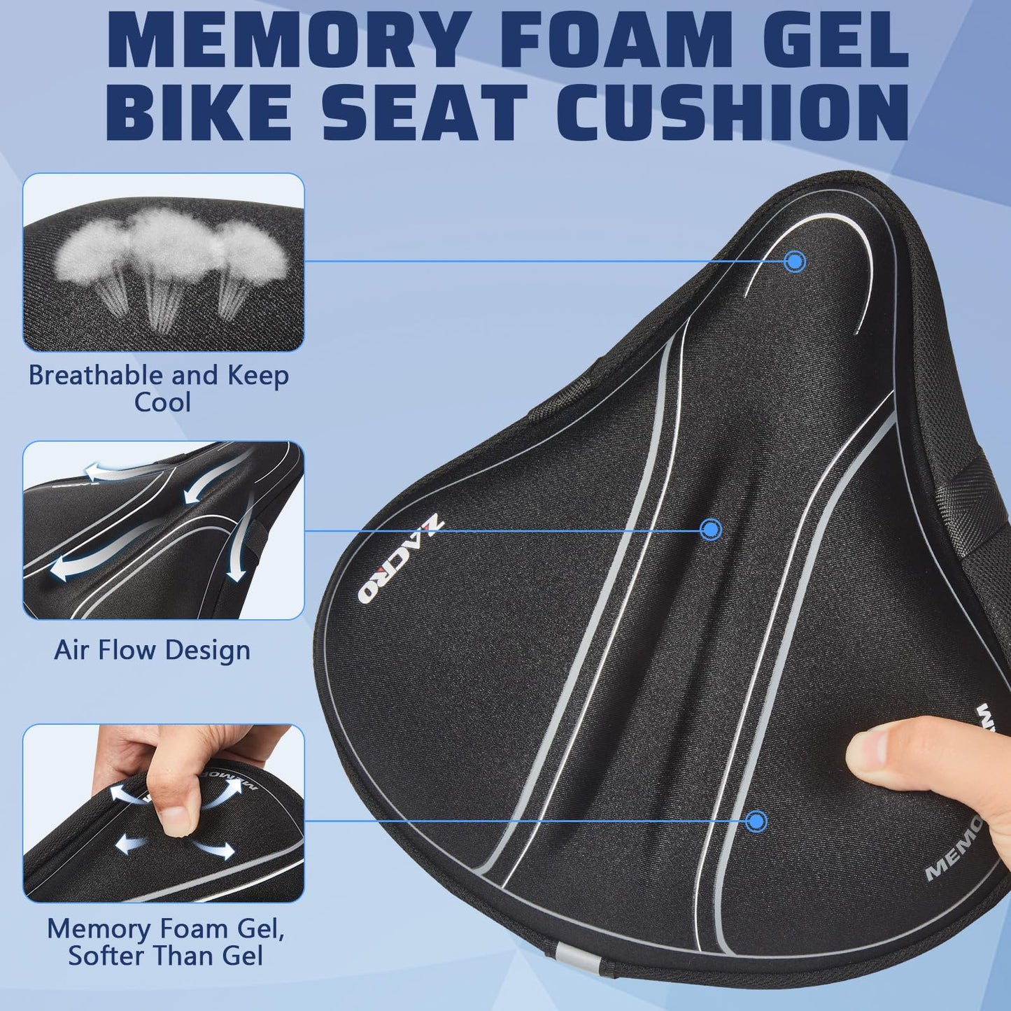 Zacro Bike Seat Cover Padded, Soft Gel Bike Saddle with Memory Foam Padding for Men Women, Comfortable Bike Seat Cushion Cover for Outdoor & Indoor