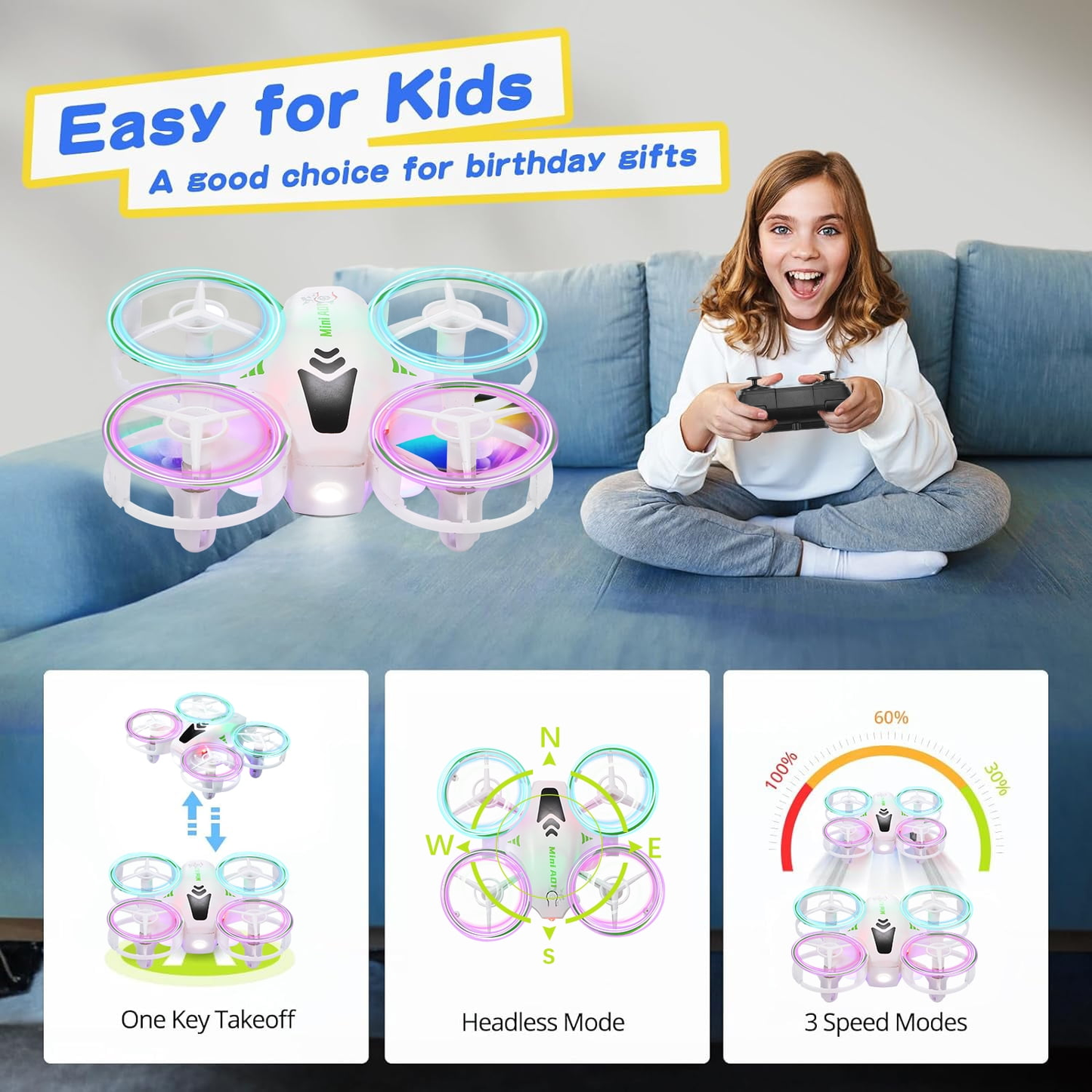 Petbank RC Toy Drones for Kids, Mini Drone with LED Lights for Beginners, RC Quadcopter with Altitude Hold and Headless Mode, 3-Gear Speeds, 3D Flips Gifts for Boys Girls White