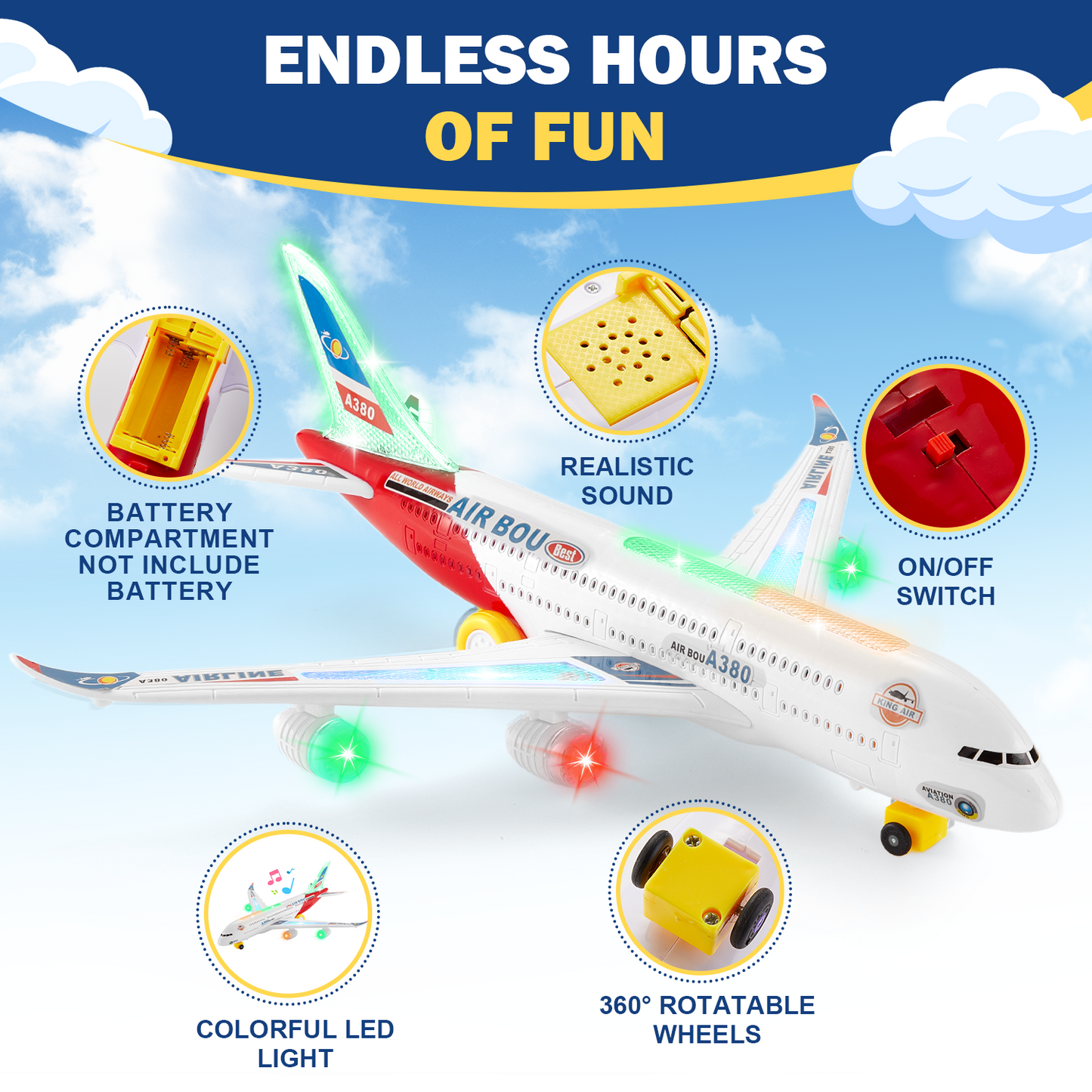 Petbank Kids Airplane Toys, Bump and Go Action, Airlines Plane Toys with Sounds LED Flashing Lights, Gift for Boys & Girls Ages 3-12