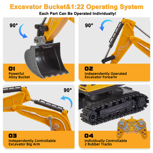 3 in 1 Remote Control Excavator for Kids, 11 Channel RC Excavator Truck Construction Vehicle Toys with Metal Shovel, Lights & Sounds, for Toddler Boys Age 3 4 5 6 7 8 Year Old