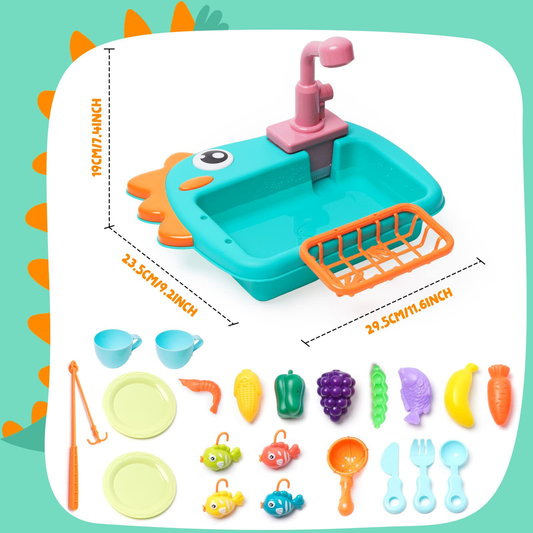 25PCS Kitchen Play Sink Toys, Dinosaur Electronic Dishwasher Sink with Running Water, Kids Fishing Game Toys and Role Play Dishwasher Toy for Kids Toddler, Green