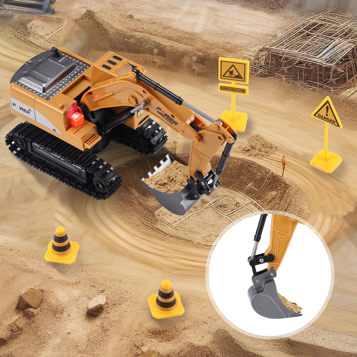 Gemeer Remote Control Excavator for Kids, 6 Channel Rechargeable RC Truck Excavator Construction Vehicle, Navvy Toys with Metal Shovel Lights Sounds for Boys Girls Gifts