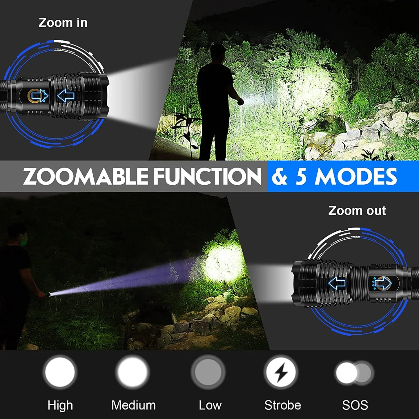 Zacro Rechargeable Flashlight, Super Bright Powerful High Lumens Flashlight with 5 Modes, Zoomable Waterproof LED Handheld Flashlight for Emergencies, Hiking, Camping, Home