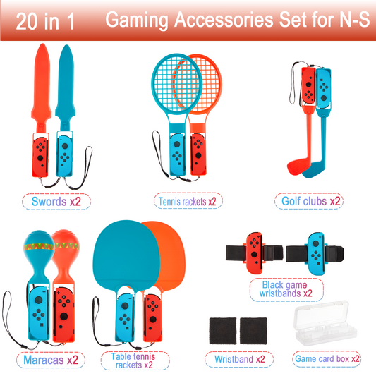 20 in 1 Switch Sports for Nintendo Accessories Bundle, Family Accessories Kit for Switch Sports Games with Tennis Rackets, Golf Clubs, Table Tennis Rackets