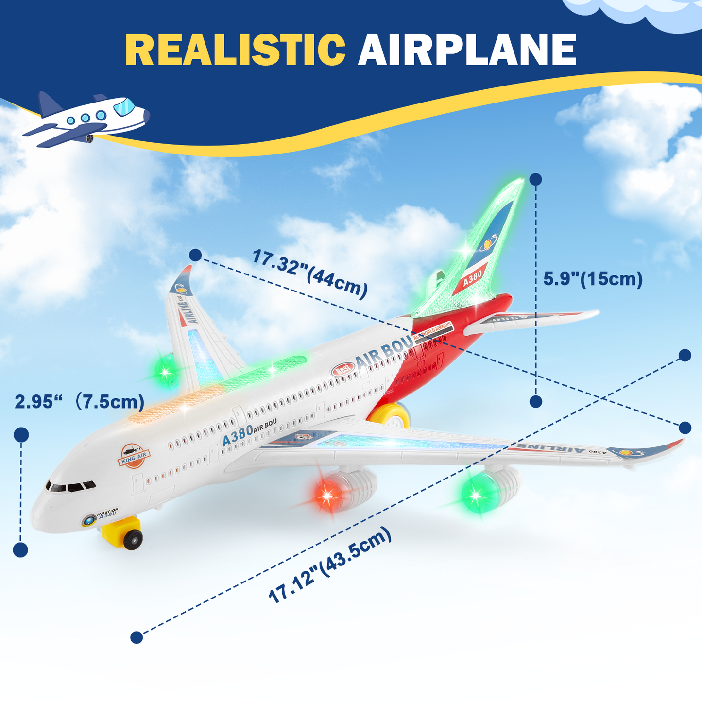 Petbank Kids Airplane Toys, Bump and Go Action, Airlines Plane Toys with Sounds LED Flashing Lights, Gift for Boys & Girls Ages 3-12