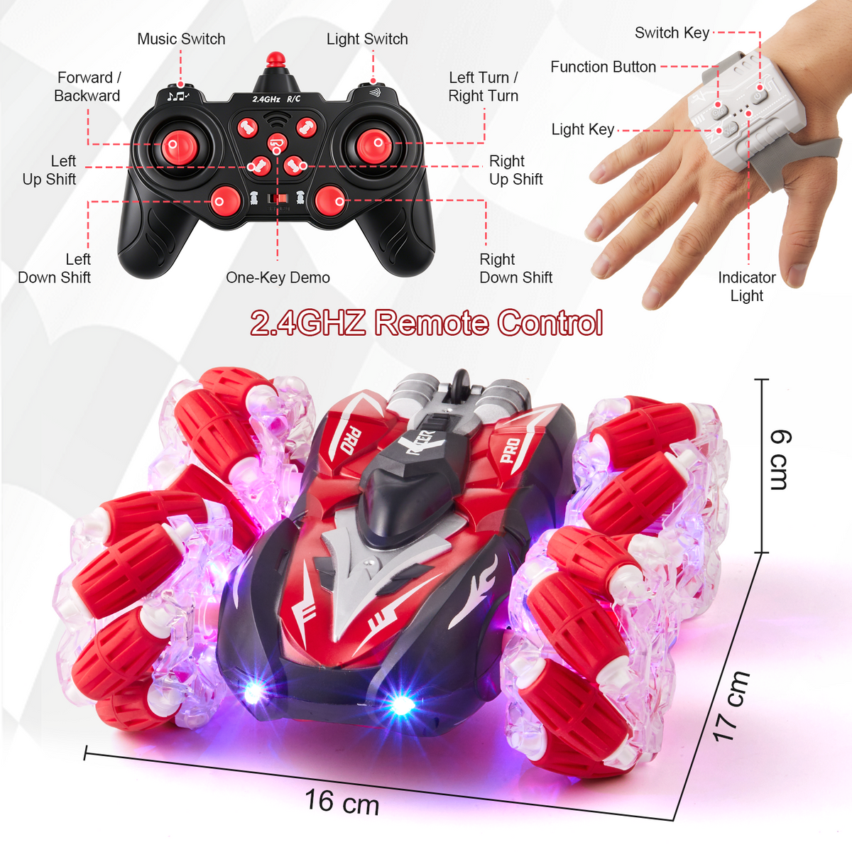RC Car, 4WD RC Gesture Stunt Car, 360° Rotating Race Car with Cool Lights, 2.4GHz Remote Control Cars Toys for Kids Ages 6-12, Red