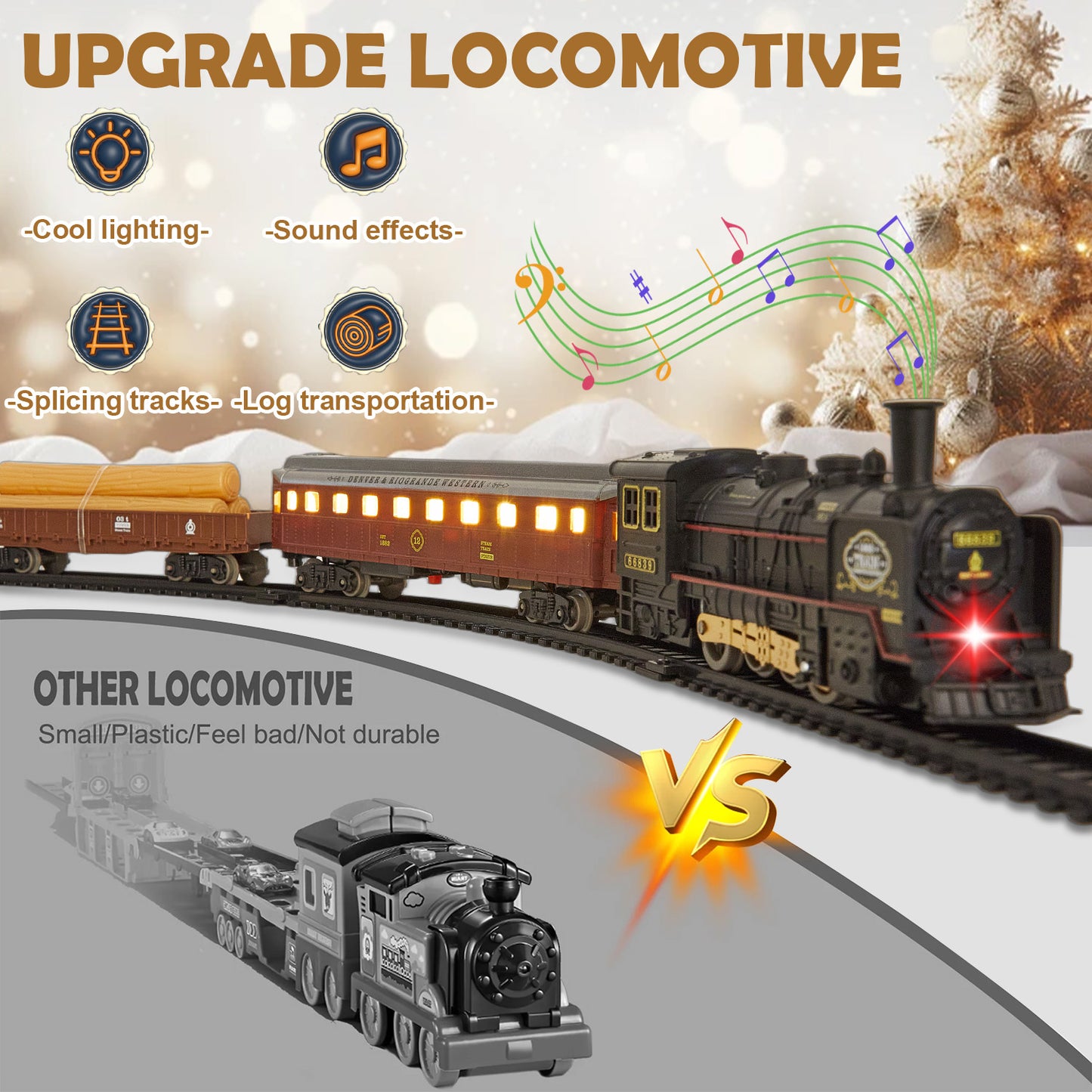 Petbank Electric Train Set, Electric Railway Train Car Track Play Set Toy with Music, Lights, Luxury Track & 5 Truck Carriage