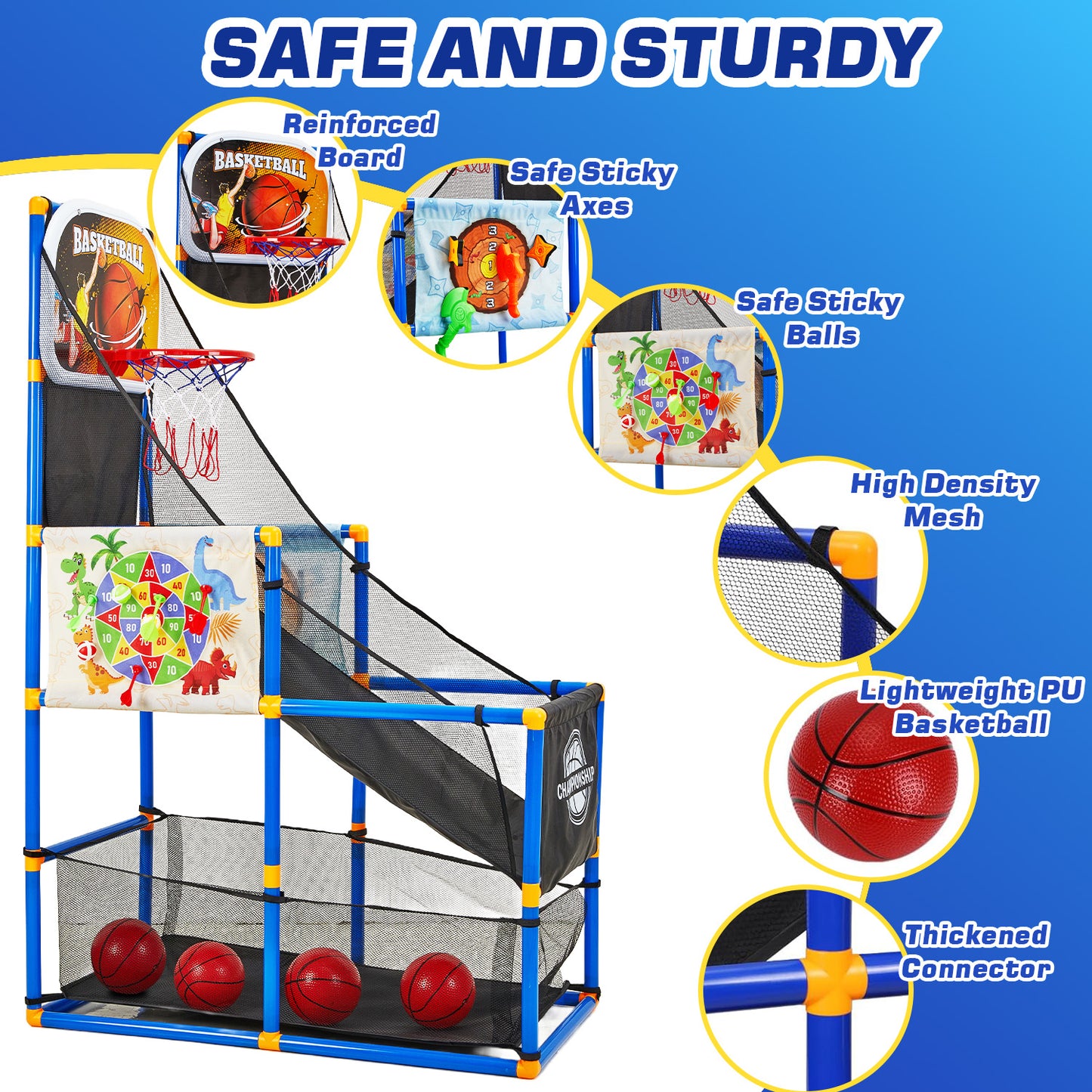 Petbank Basketball Hoop Arcade Game for Kids, 2 in 1 Sports Indoor Outdoor Basketball Game Toys, Basketball Hoop Set with 4 Balls & Inflatable Balls Pump &Sticky Balls, for Boys and Girls