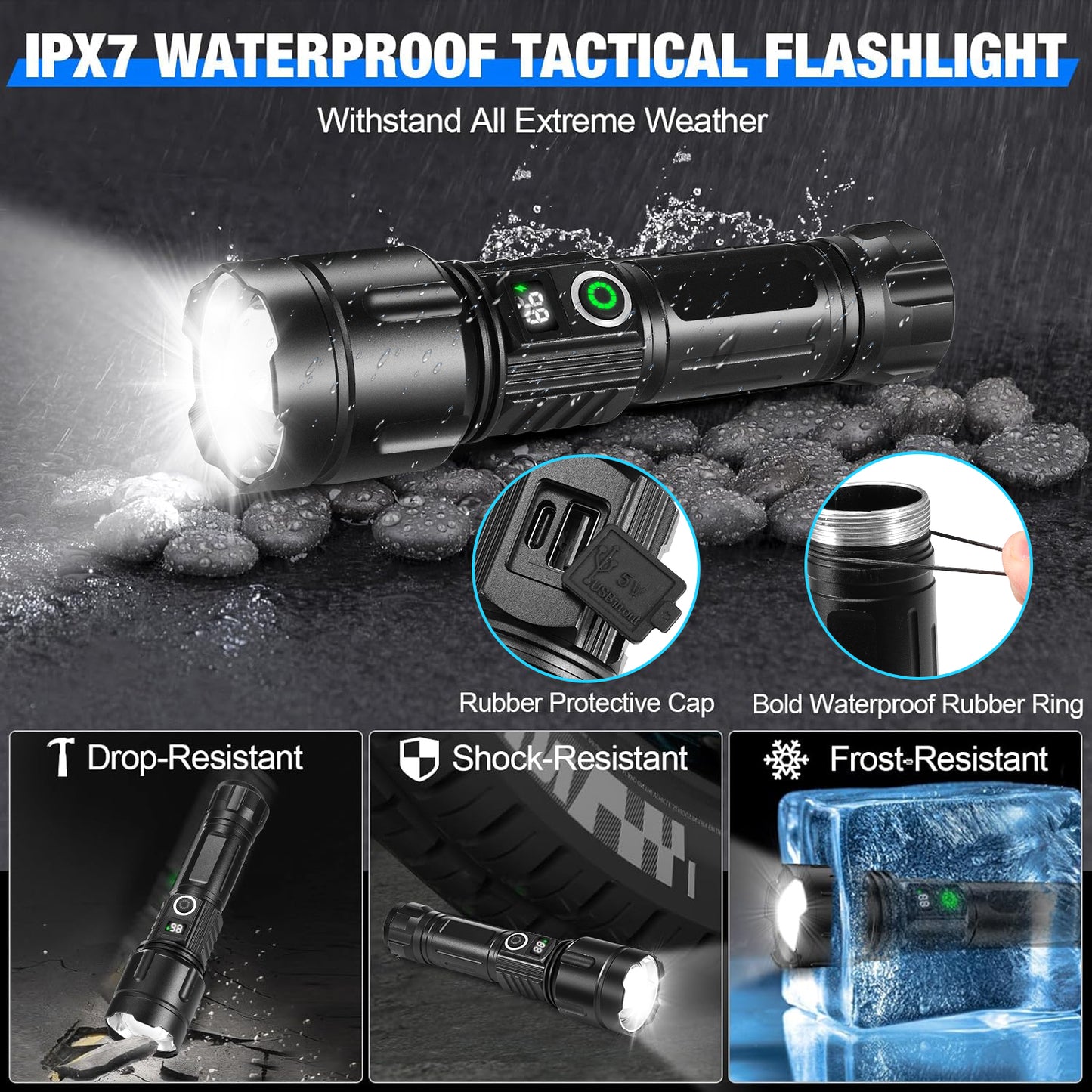 Zacro Rechargeable Flashlight High Lumens, XHP70.3 Super Bright Flashlight with Digital Power Display, 5 Modes, IPX7 Waterproof LED Flashlight for Emergencies, Camping, Hiking
