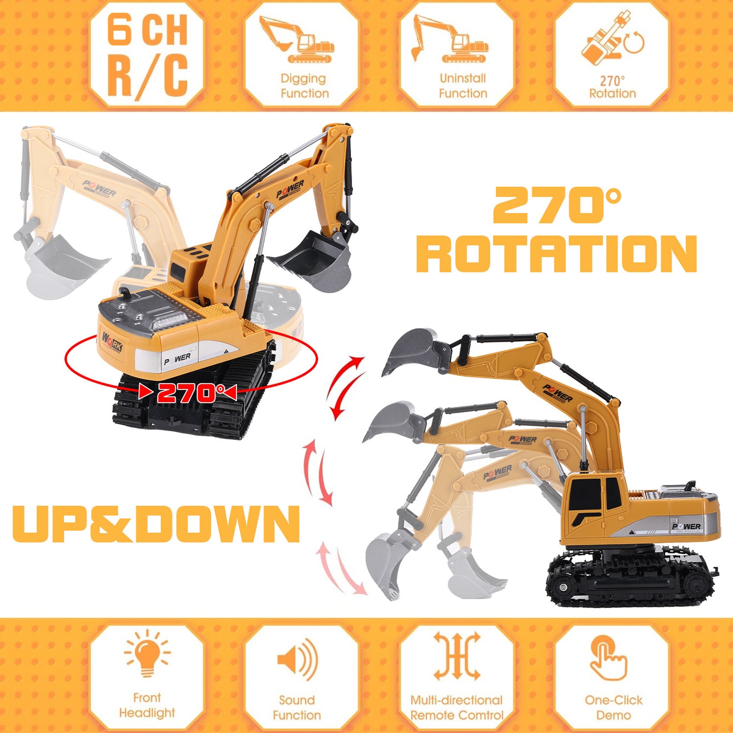 Gemeer Remote Control Excavator for Kids, 6 Channel Rechargeable RC Truck Excavator Construction Vehicle, Navvy Toys with Metal Shovel Lights Sounds for Boys Girls Gifts