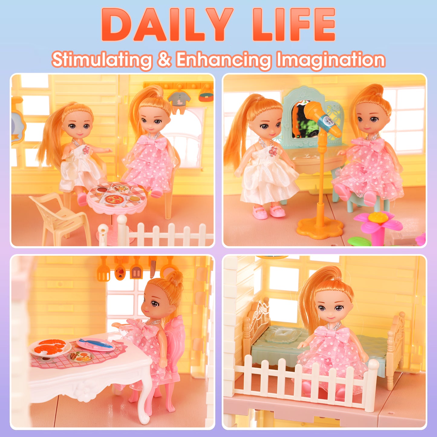 Dollhouse Playset for Girls, 3-Story 7 Rooms Pretend Play Toddler Dollhouse with Lights, Furnitures and Accessories, Gifts for Girls Aged 3 4 5 6 7 8 Years Old, Orange Pink