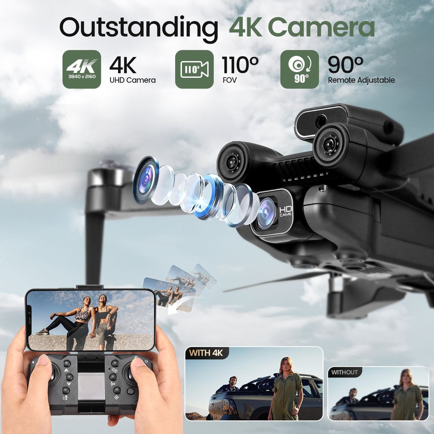 S1S RC Drone with 4K HD Camera for Adult, Lictin RC Quadcopter with High Speed Brushless Motor, Hand gesture photography, Waypoint Fly, Optical Flow Position, 2 Batteries