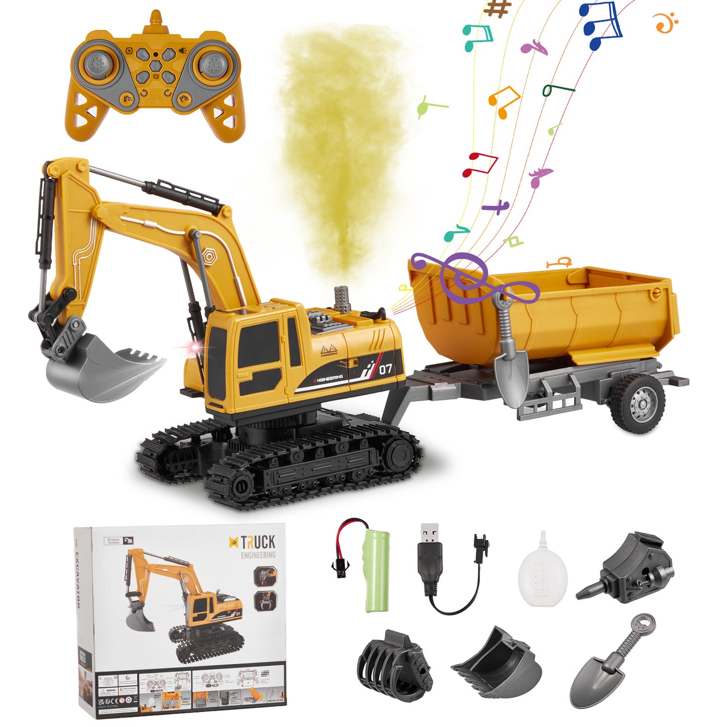 Petbank 4 in 1 Remote Control Excavator, Rechargeable RC Excavactor with Dump car, 11 Channel Excavator Construction Toy with Metal Shovel, Spray, Lights, Sounds, Gift for Boys and Girls, Yellow
