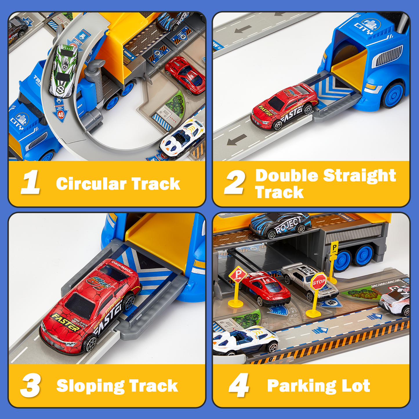 Petbank 2 in1 Carrier Truck Race Track Toys, Transport Trucks Circular Race Track Set with 9 Race Cars, Racing Toys Set for Boys and Girls, Blue