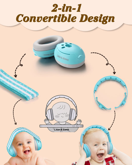 2-in-1 Baby Ear Muffs Noise Protection, Adjustable Headphones with Stretchy Band, Noise Cancelling for Toddler up to 4 Years, Airplane Essentials/Outdoor, Blue