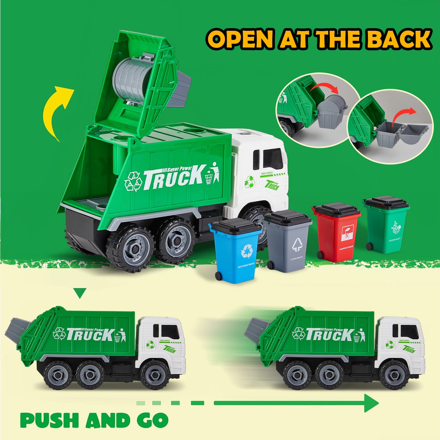 Petbank Recycling Garbage Truck Toy, Friction-Powered Toy Garbage Truck with 2 Interchangeable carriages, 4 Trash Cans, 3 Replaceable Screwdrivers, 108 PCS Garbage Classification Cards, Green