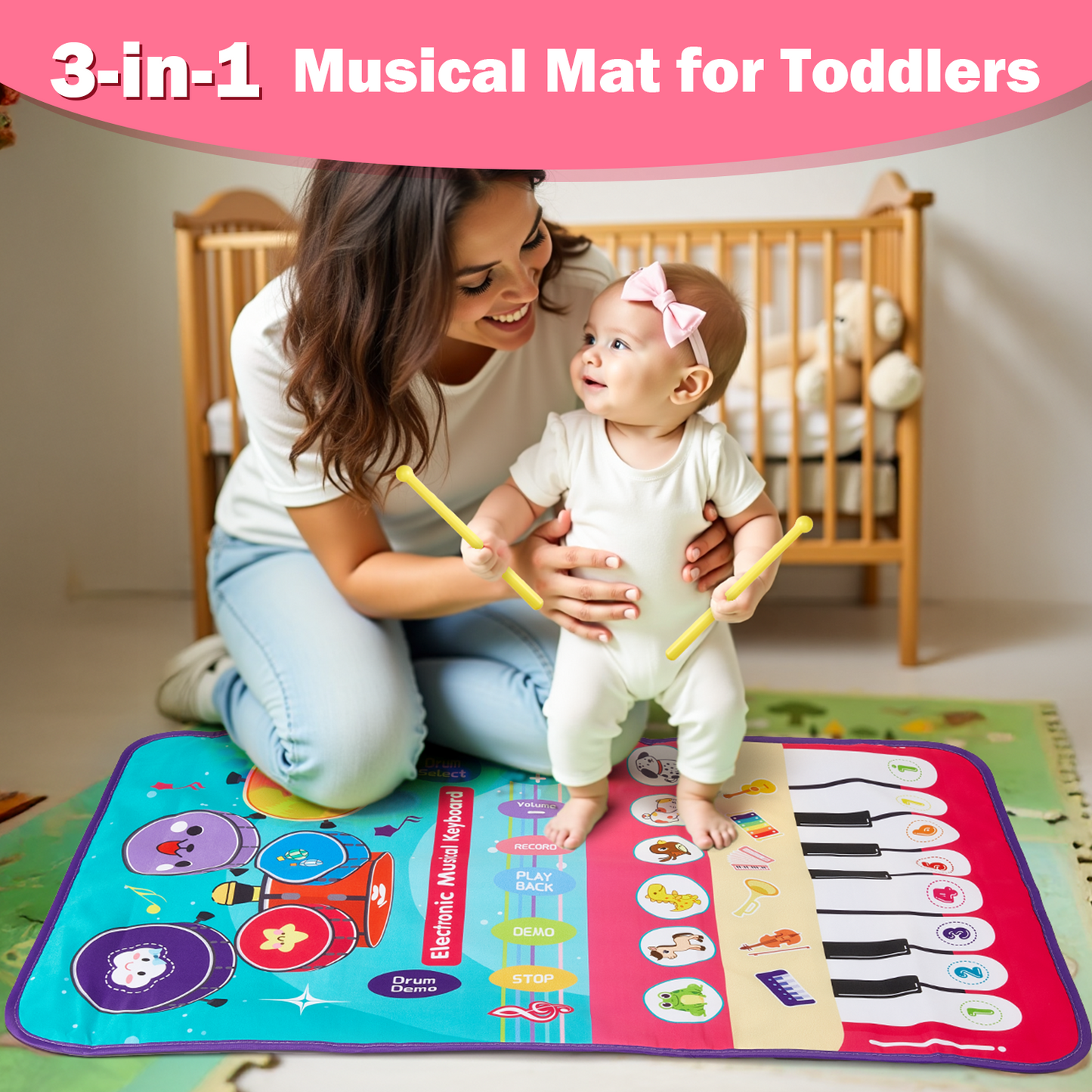 Petbank 4 in 1 Musical Mat for Toddlers, Electronic Piano Mat with Piano Keyboard, Drum Mat & 2 Drum Sticks, Baby Toy Gift for 1 2 3 Year Old Boys & Girls