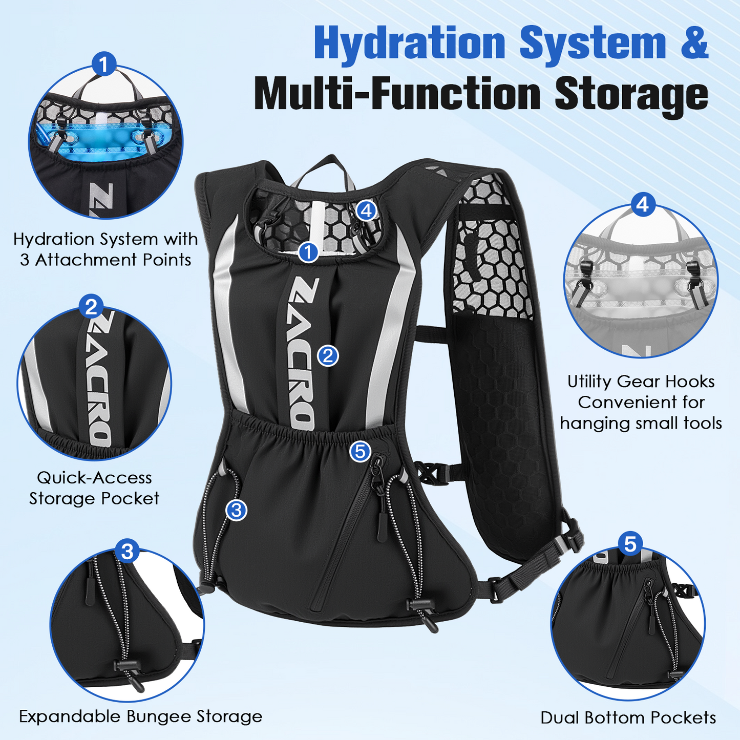 Zacro Reflective Running Vest for Men Women, Adjustable Lightweight Running Backpack Hydration Vest with 2L Soft Flask, Running Gear for Walking, Hiking, Cycling - Black