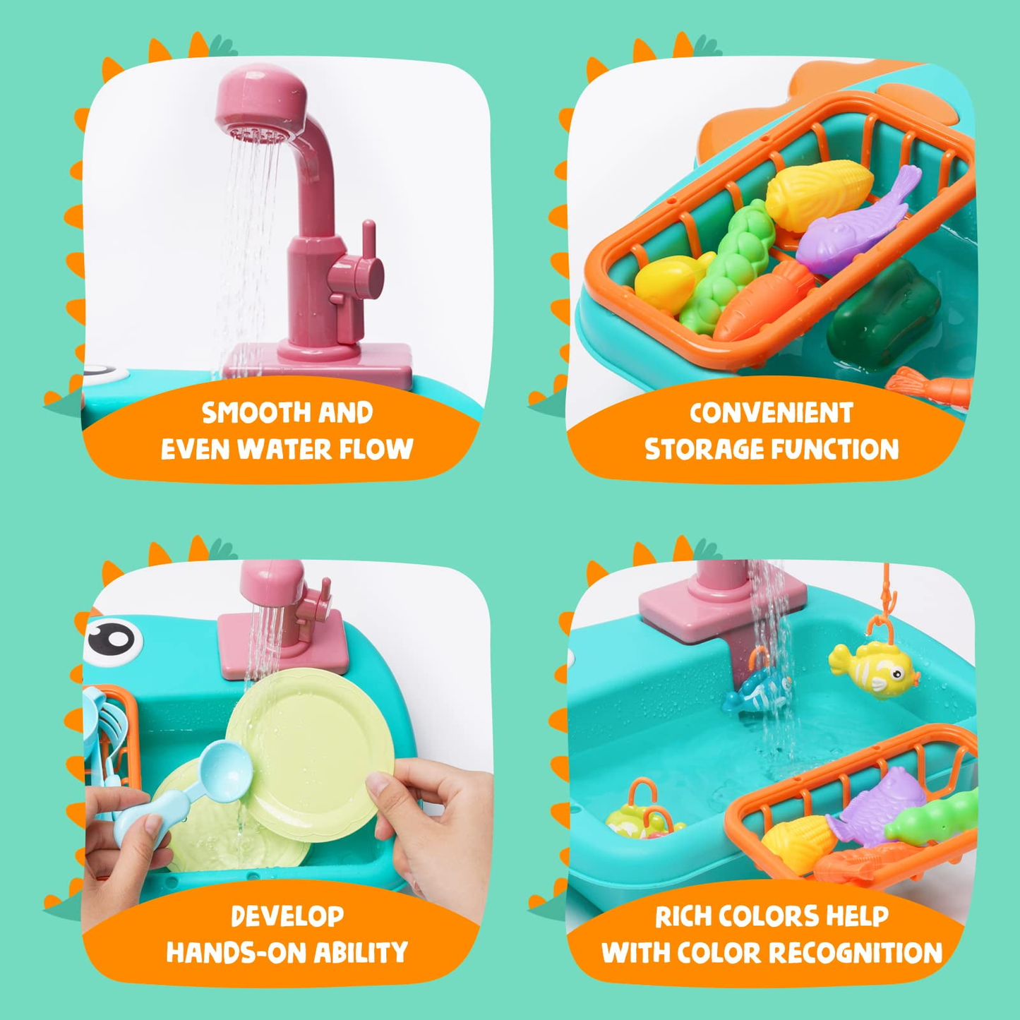 25PCS Kitchen Play Sink Toys, Dinosaur Electronic Dishwasher Sink with Running Water, Kids Fishing Game Toys and Role Play Dishwasher Toy for Kids Toddler, Green