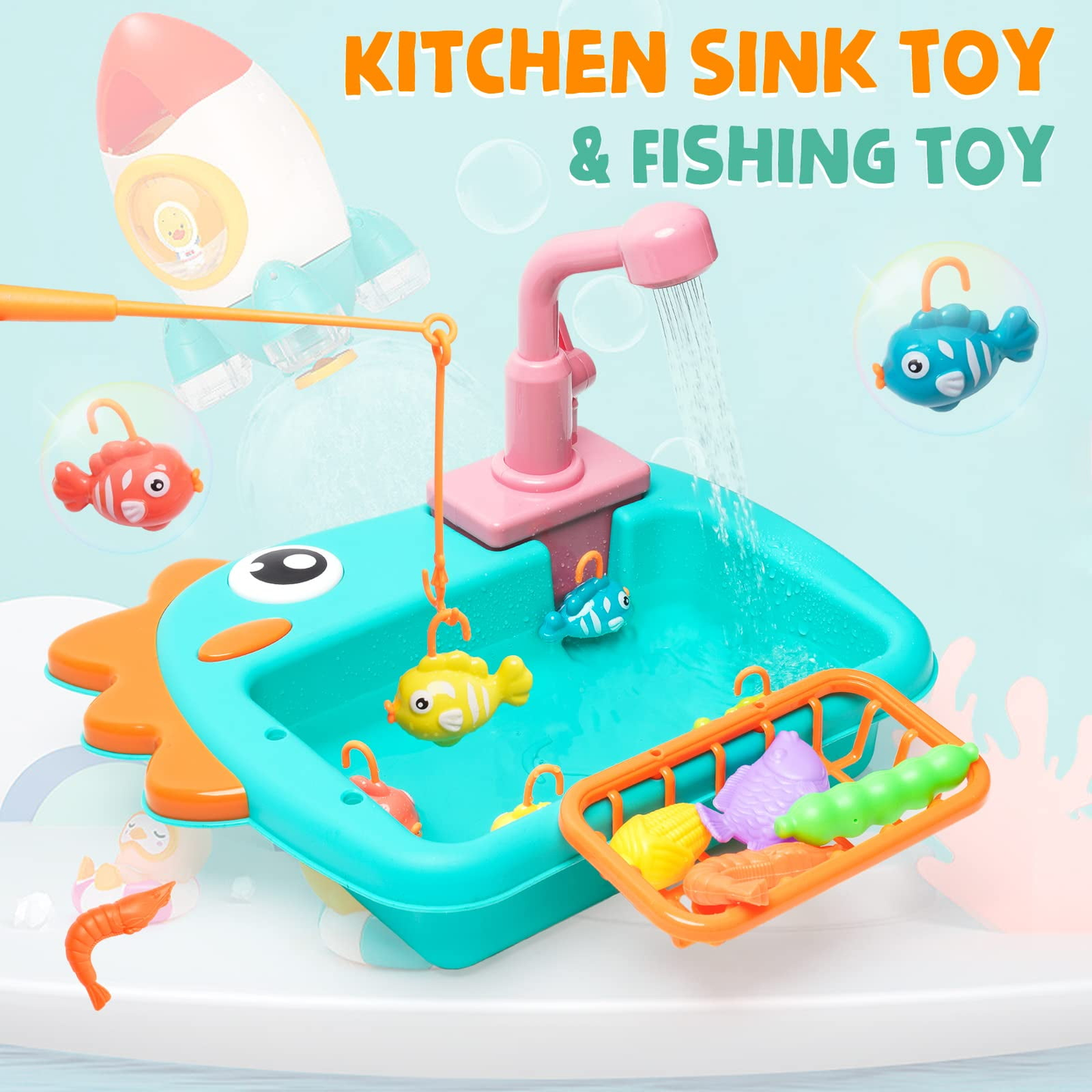 25PCS Kitchen Play Sink Toys, Dinosaur Electronic Dishwasher Sink with Running Water, Kids Fishing Game Toys and Role Play Dishwasher Toy for Kids Toddler, Green