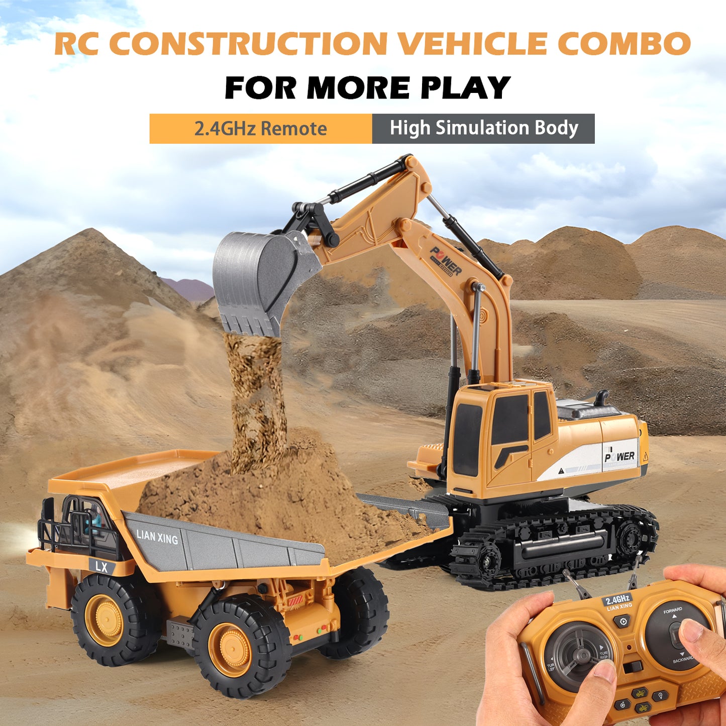 Remote Control Dump Truck, 1:20 Scale RC Construction Vehicles Toy with Metal Bed and Light/Music, 9 Channels Electric Truck Toy Gift for Boys Kids