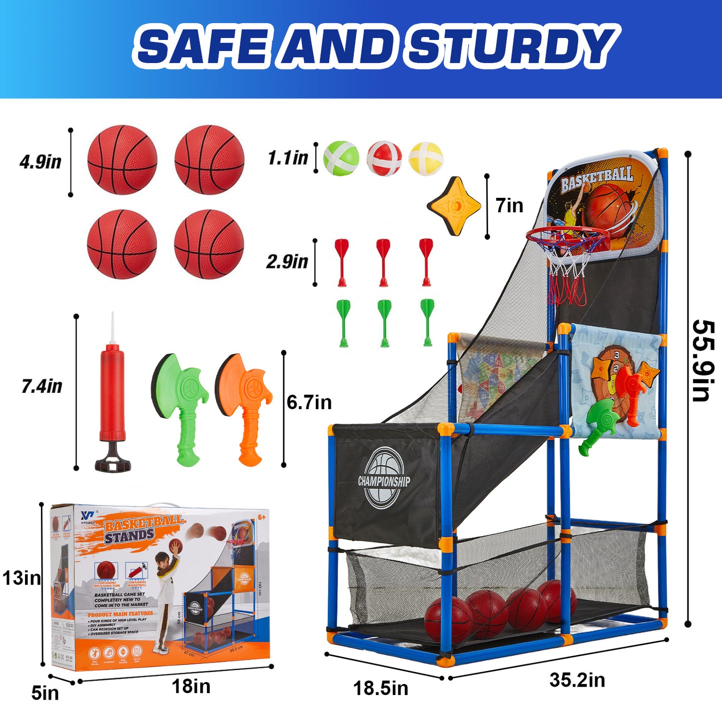 Petbank Basketball Hoop Arcade Game for Kids, 2 in 1 Sports Indoor Outdoor Basketball Game Toys, Basketball Hoop Set with 4 Balls & Inflatable Balls Pump &Sticky Balls, for Boys and Girls