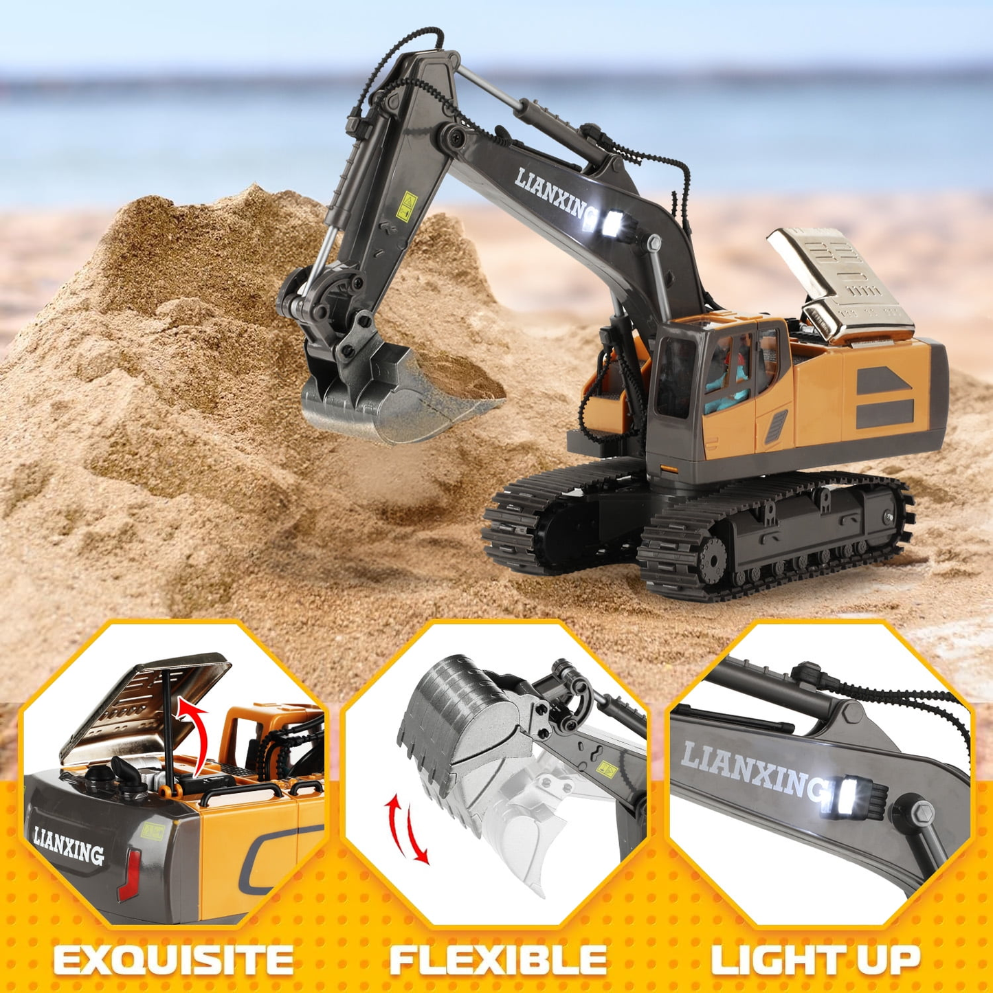Petbank Remote Control Excavator Toys, 680° Rotation Hydraulic Car Toys with Metal Shovel, Lights & Sounds, Rechargeable 11 Channel RC Construction Vehicles, RC Truck Digger gift for Kids Aged 4-12