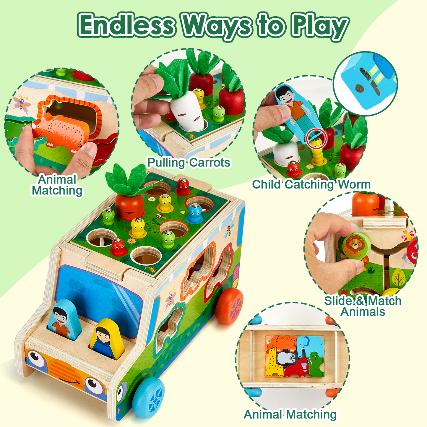 Petbank Montessori Toys, Wooden Montessori Shape Sorting Toys for Toddlers, with Carrot, Worm, Farm Animals Blocks and Traction Rope, Carrot Harvest Game Gift for Kids Ages 1-3