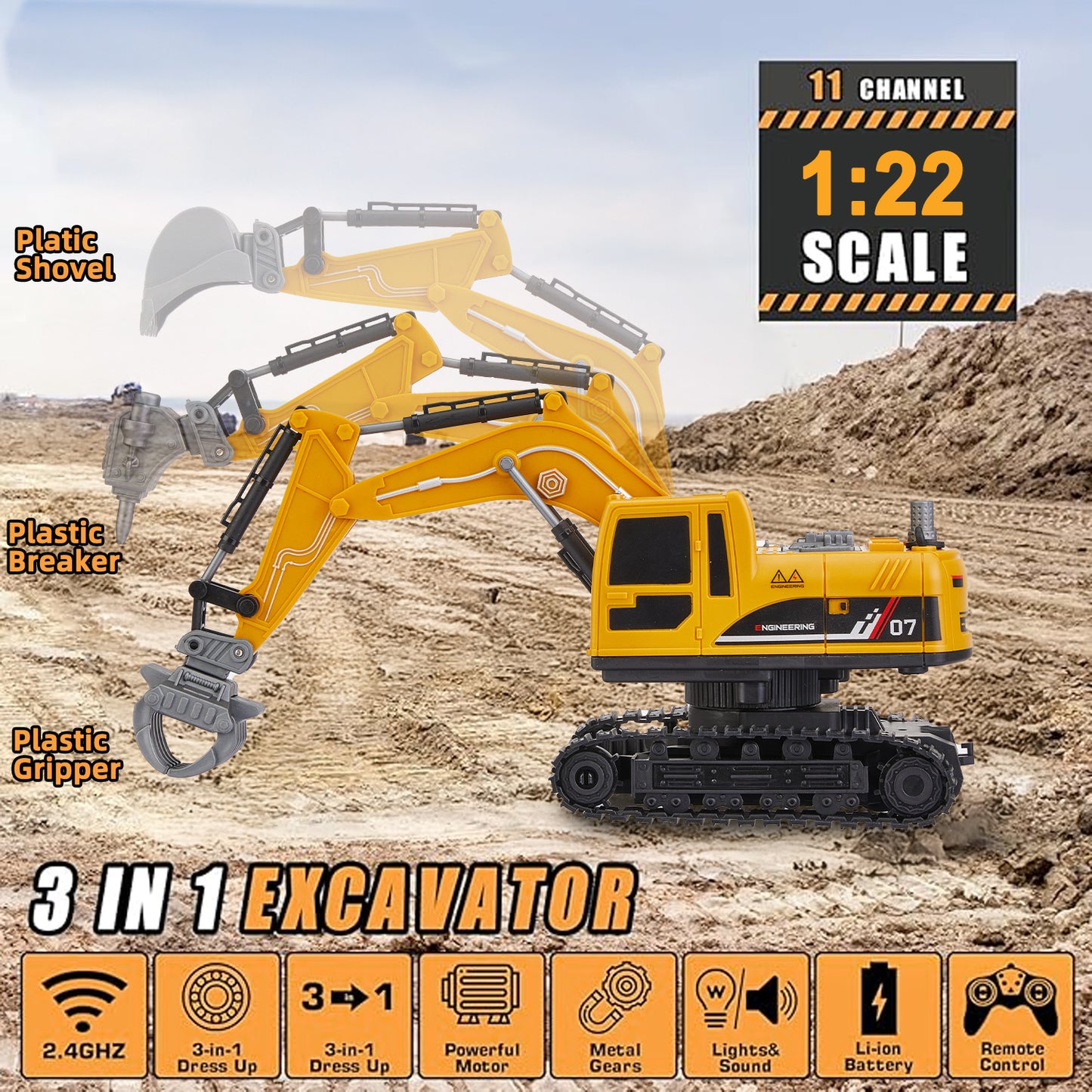 3 in 1 Remote Control Excavator for Kids, 11 Channel RC Excavator Truck Construction Vehicle Toys with Metal Shovel, Lights & Sounds, for Toddler Boys Age 3 4 5 6 7 8 Year Old