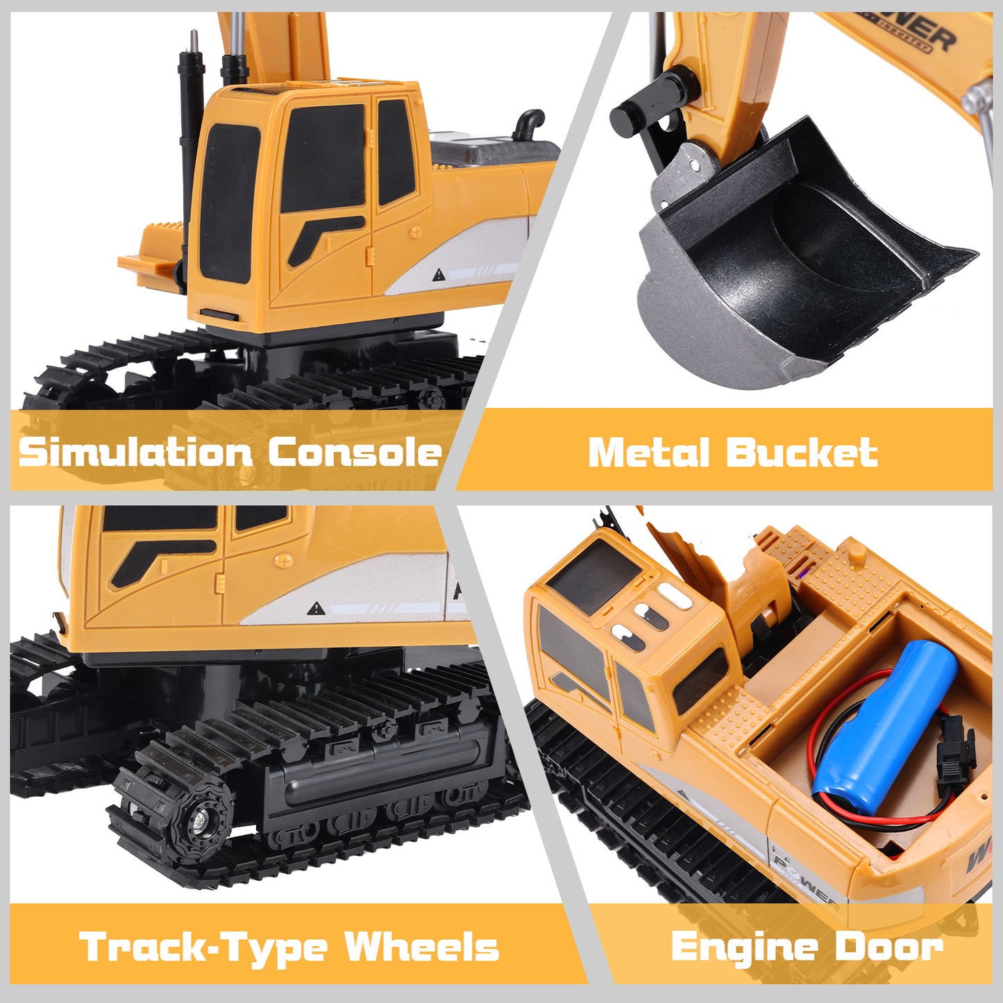 Gemeer Remote Control Excavator for Kids, 6 Channel Rechargeable RC Truck Excavator Construction Vehicle, Navvy Toys with Metal Shovel Lights Sounds for Boys Girls Gifts