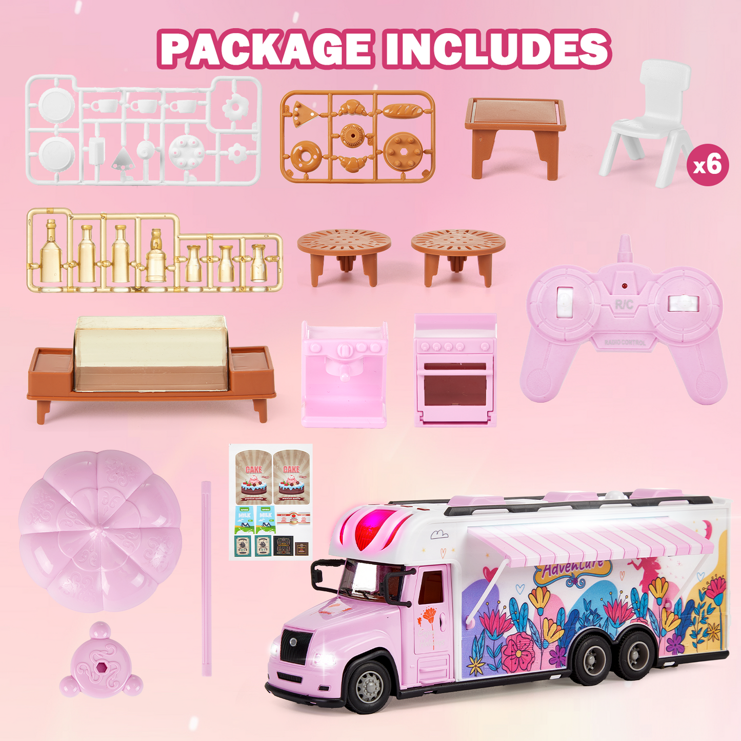 Petbank Ice Cream truck toy, 2.4Ghz Pink RC Car Car with Music, Lights, and Mini Camping Furniture, Pretend Play Dining Food Car Set, Gifts for Girls Aged 3-8, Pink