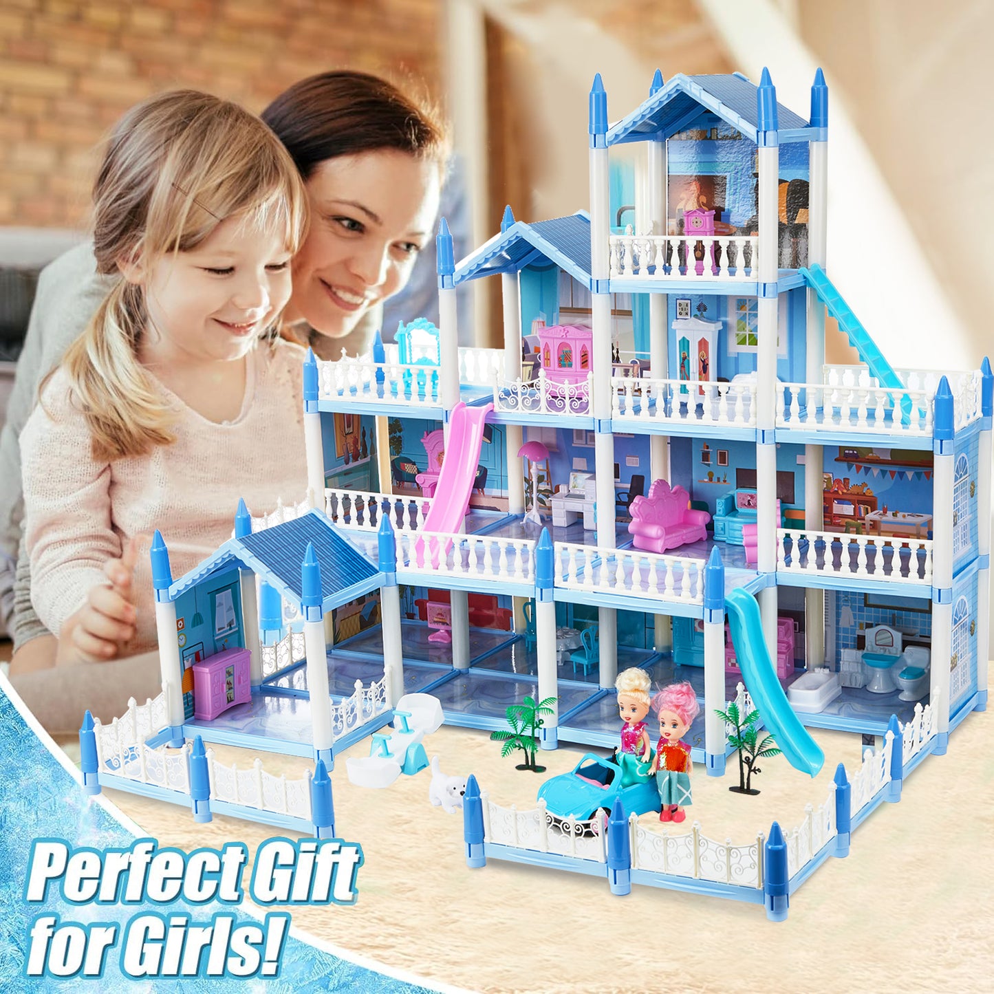 Dollhouse for Girls, 14 Rooms Pretend Play Toddler Dollhouse Playset with Colorful Light, Furniture & Accessories, Gifts for Girls Aged 3 4 5 6 7 8 Years Old